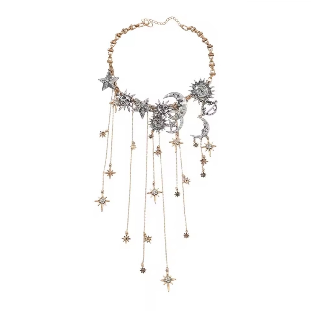 Gold & Silver Tone Celestial Star Charm Layered Statement Link Necklace