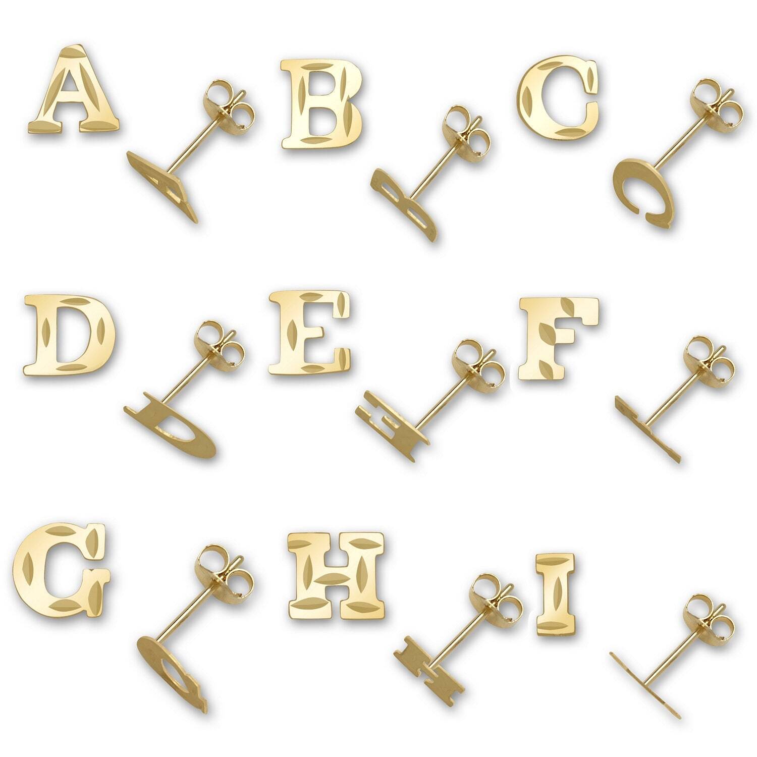 Solid 14k Yellow Gold Small Diamond-cut A-Z Initial Stud Earrings – Initial