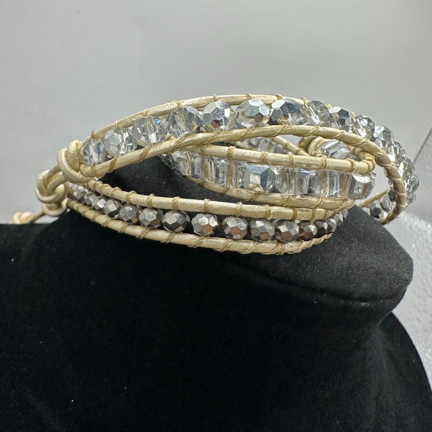 Victoria Emerson Wrap Bracelet Beige on Natural Gunmetal Beads 38 inches Long