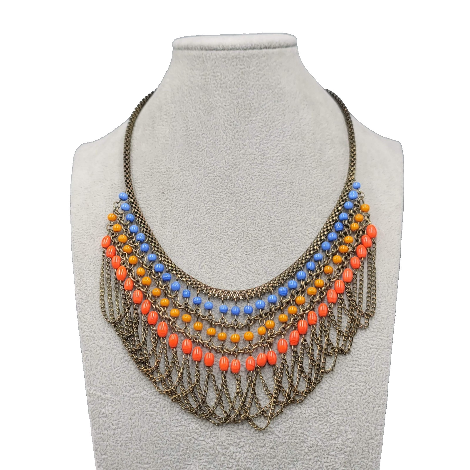 Chain Bib Necklace Blue Orange Red Brass tone 18″ Adj