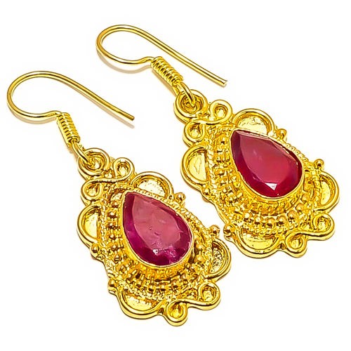 Ruby (Lab-Created) Gemstone 18k Yellow Gold Plated Earring 1.76″ E7-580