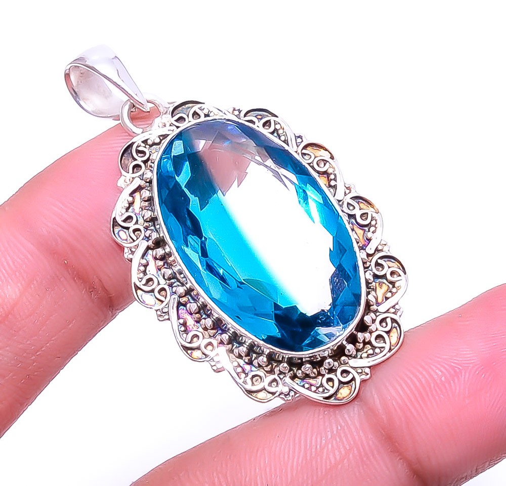 Bi-Colour Blue Topaz Fine Art 925 Sterling Silver Pendant 1.95″ P_9411_197_93