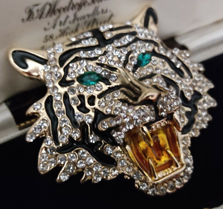 Art Deco Inspired Crystal Enamel Tiger Brooch / Pendant Shawl Pin Jewellery