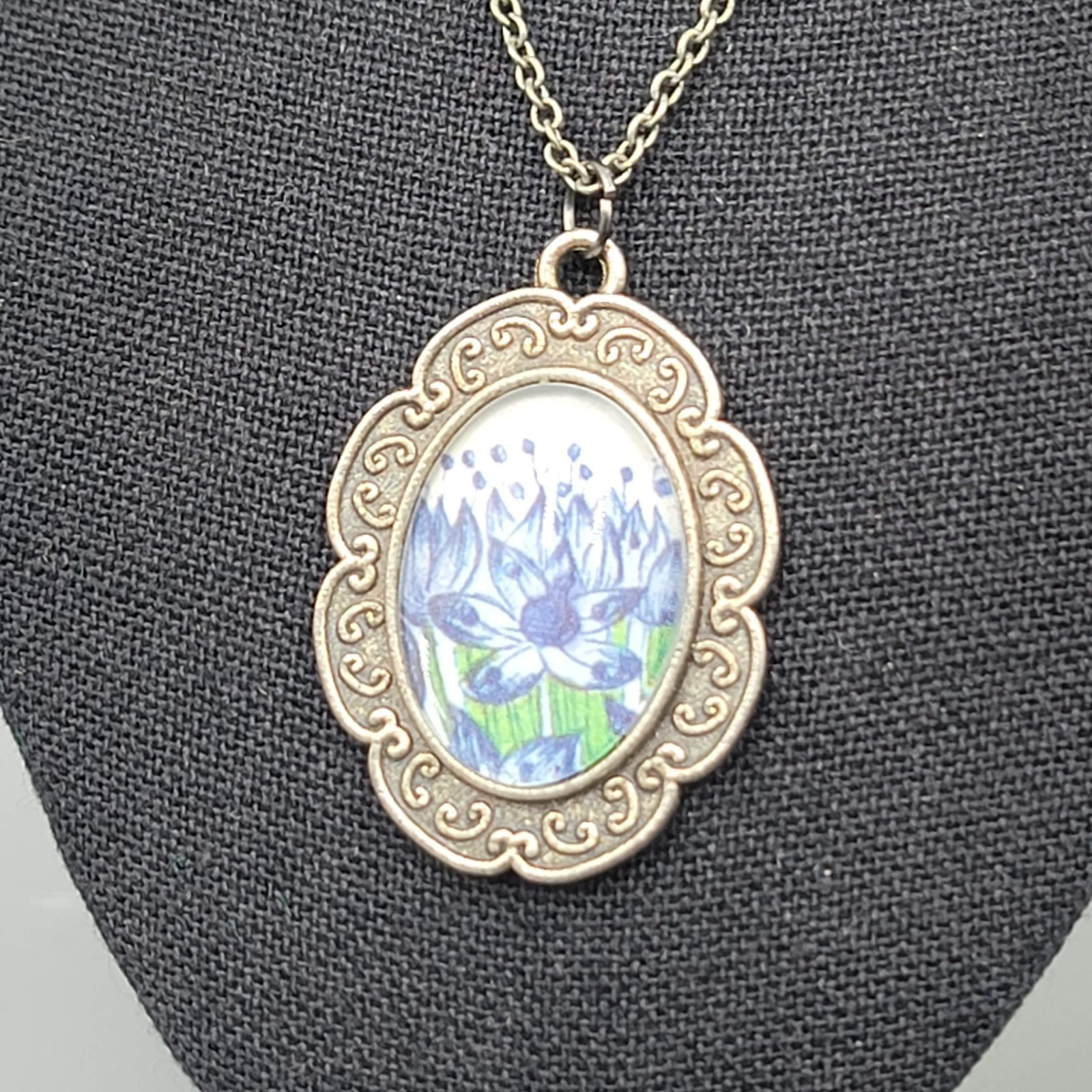 Blue Flower Oval Cameo Pendant Necklace Silver tone 16 – 18″ adj