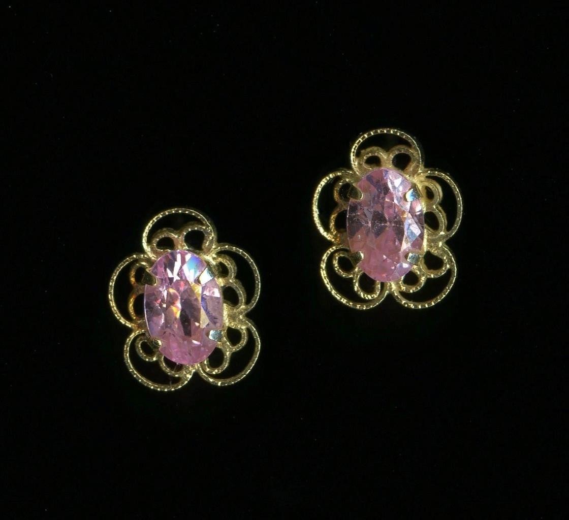 10K Solid Yellow Gold 6mm Oval Pink Crystal CZ Solitaire Flower Earrings -KU