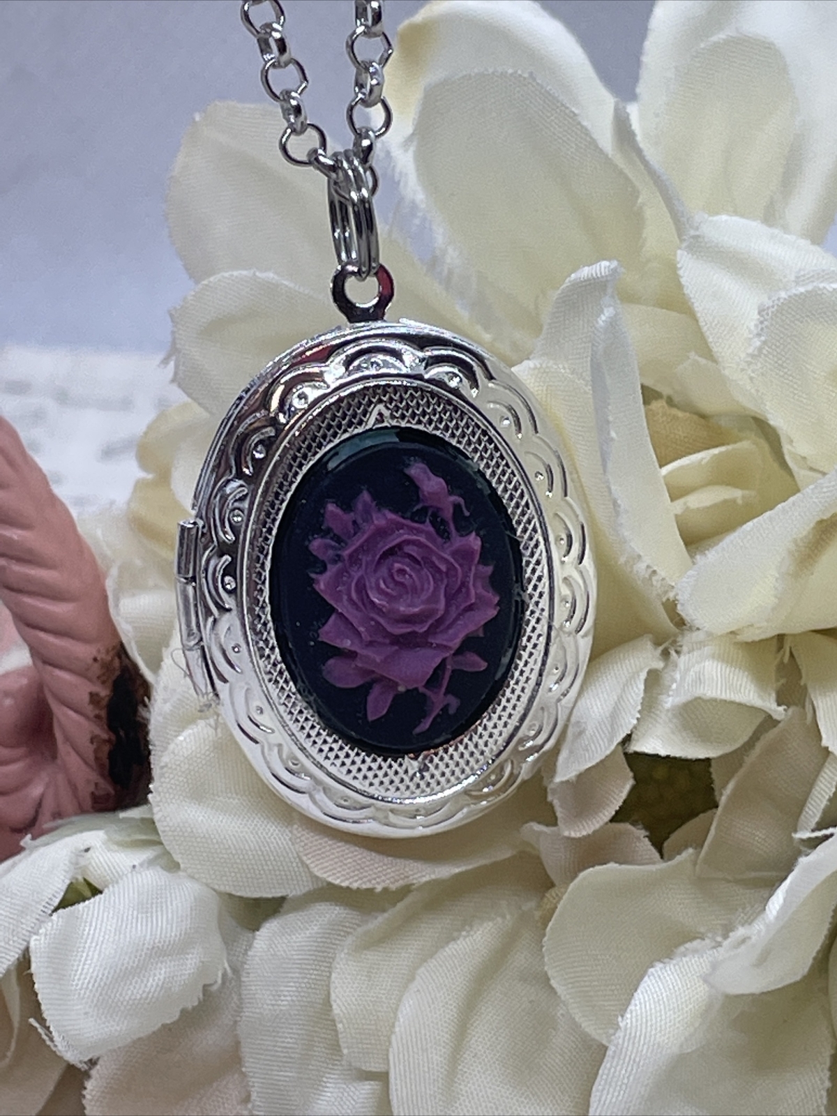 Plum Black Rose Mothers Day Cameo Locket Silver Easter Daughter Gift Wedding