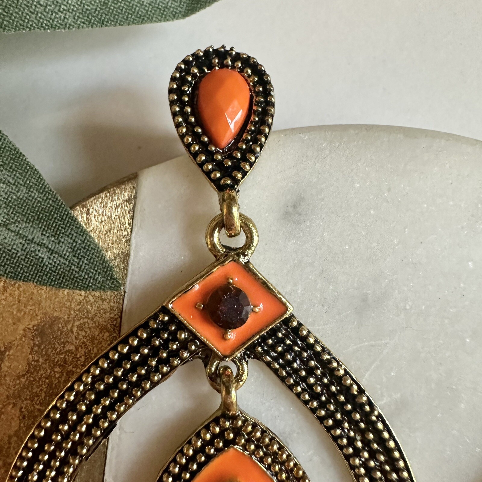 Art Deco Vintage Style Nouveau Elegance Orange Gold Crystal Earrings Teardrop