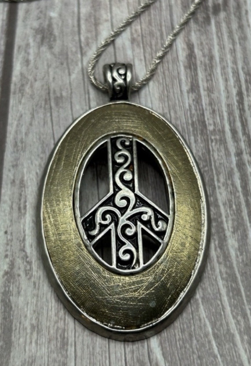 Two-Tone Silver Gold Peace Oval Pendant Necklace Metal Rope Chain