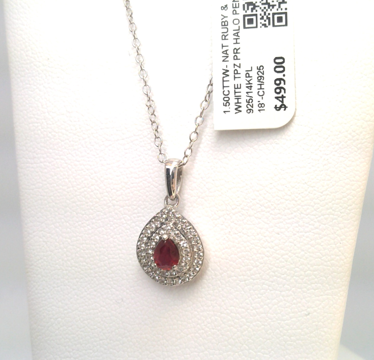🔥$499-💥1.50CT Natural Ruby & White Topaz Halo Pendant Necklace🔥 SS/14K PL 925