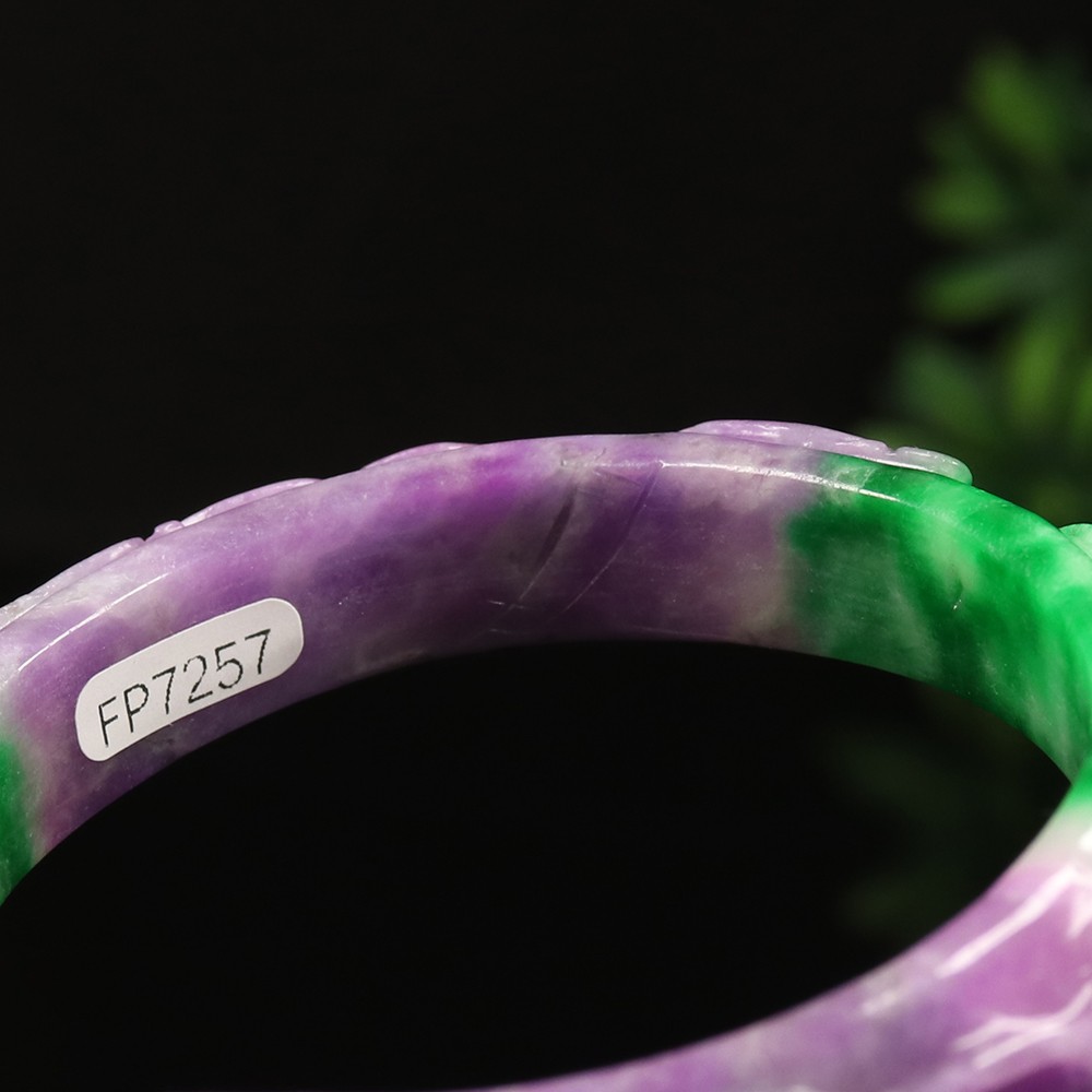 59mm Lavender Purple Green Jadeite Jade Bangle Bracelet Ruyi Rabbit A-14567