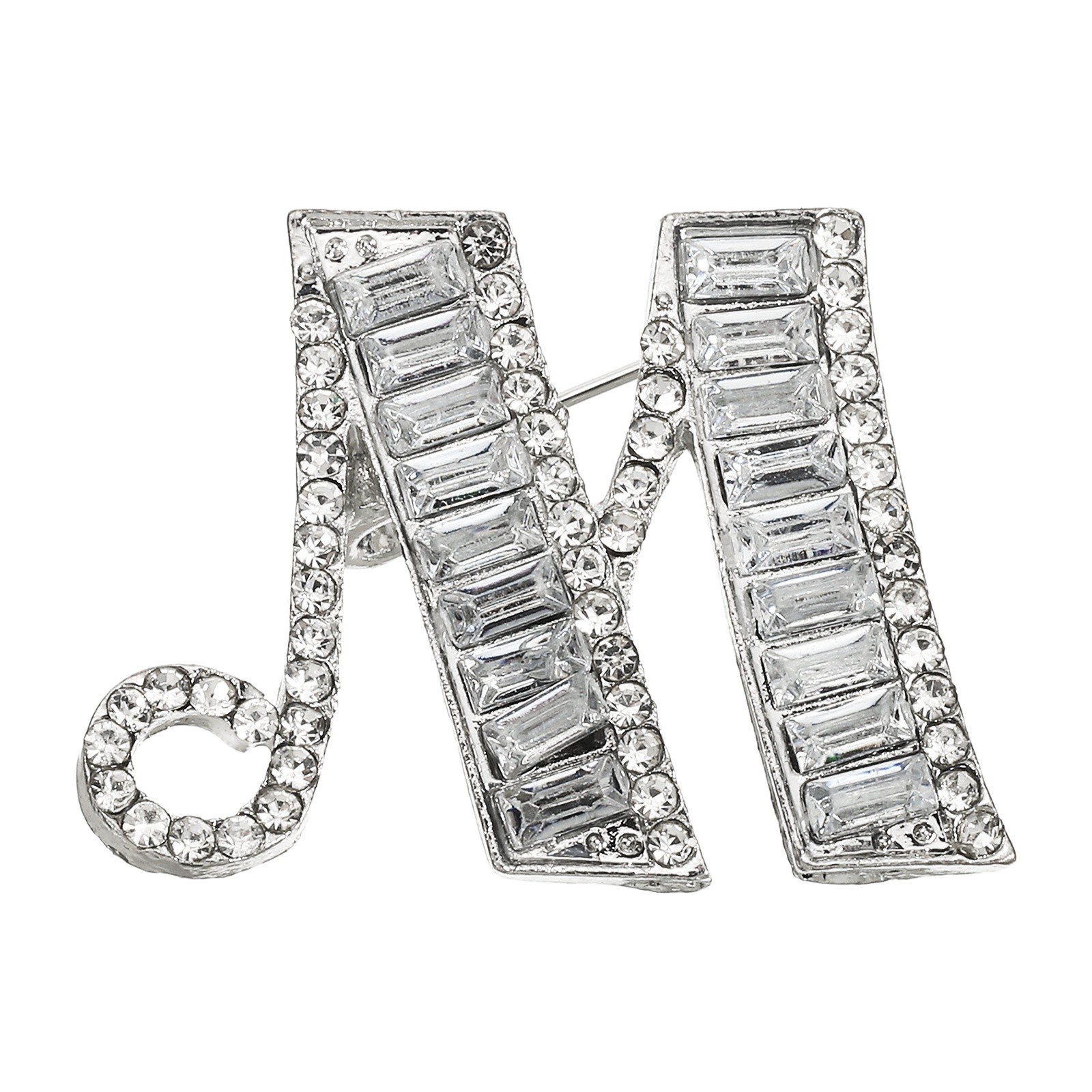 Letters Brooch Pins, Letter M Initial Rhinestone Brooch, Silver