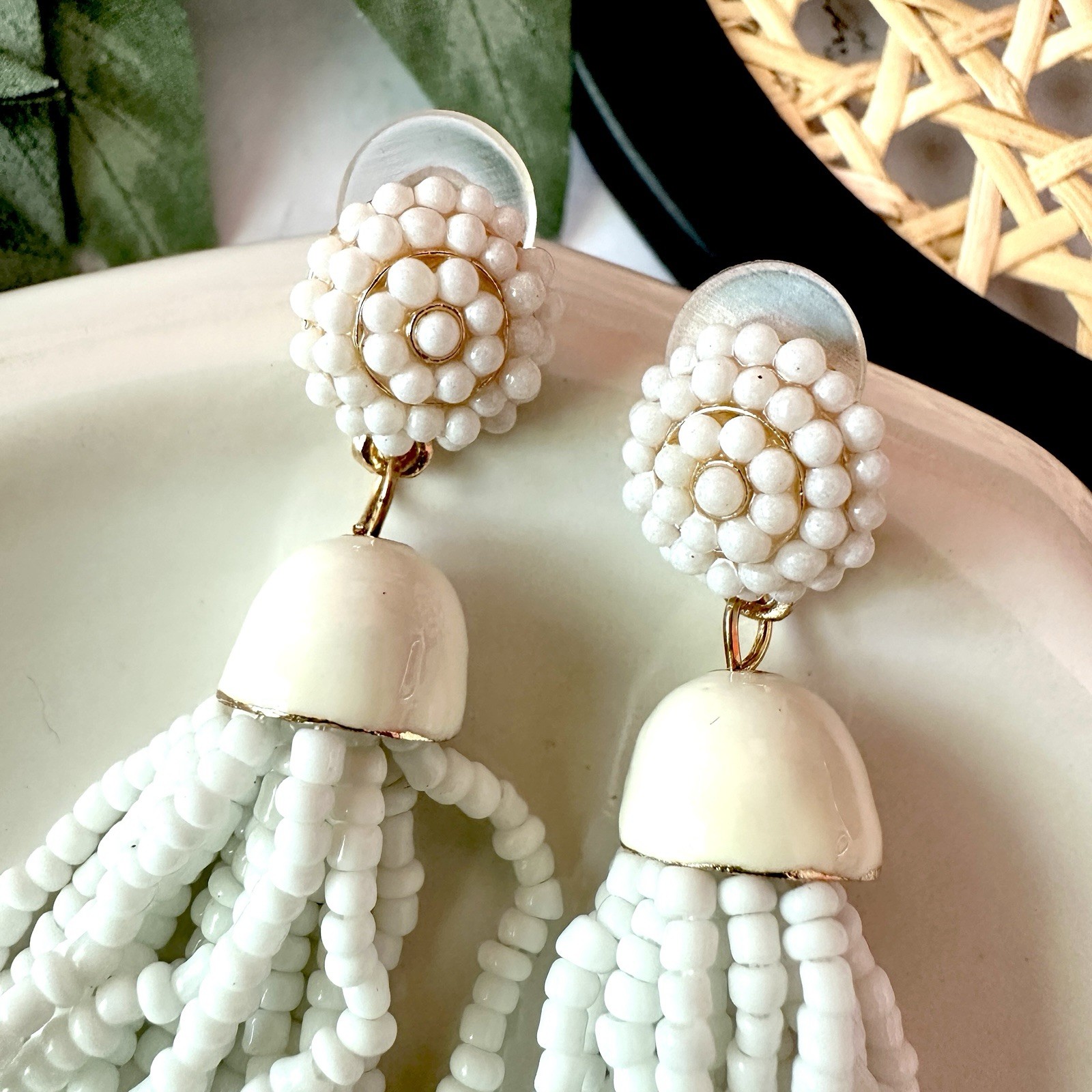 Cloud Tassel White Seed Bead Earrings Long Dangle Fringe Boho Jewelry Gift NEW