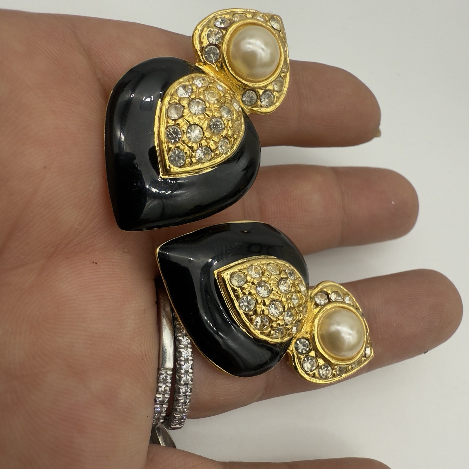 Vtg Pave Rhinestone Heart Earrings Faux Pearl Black Enamel Unsigned Designer