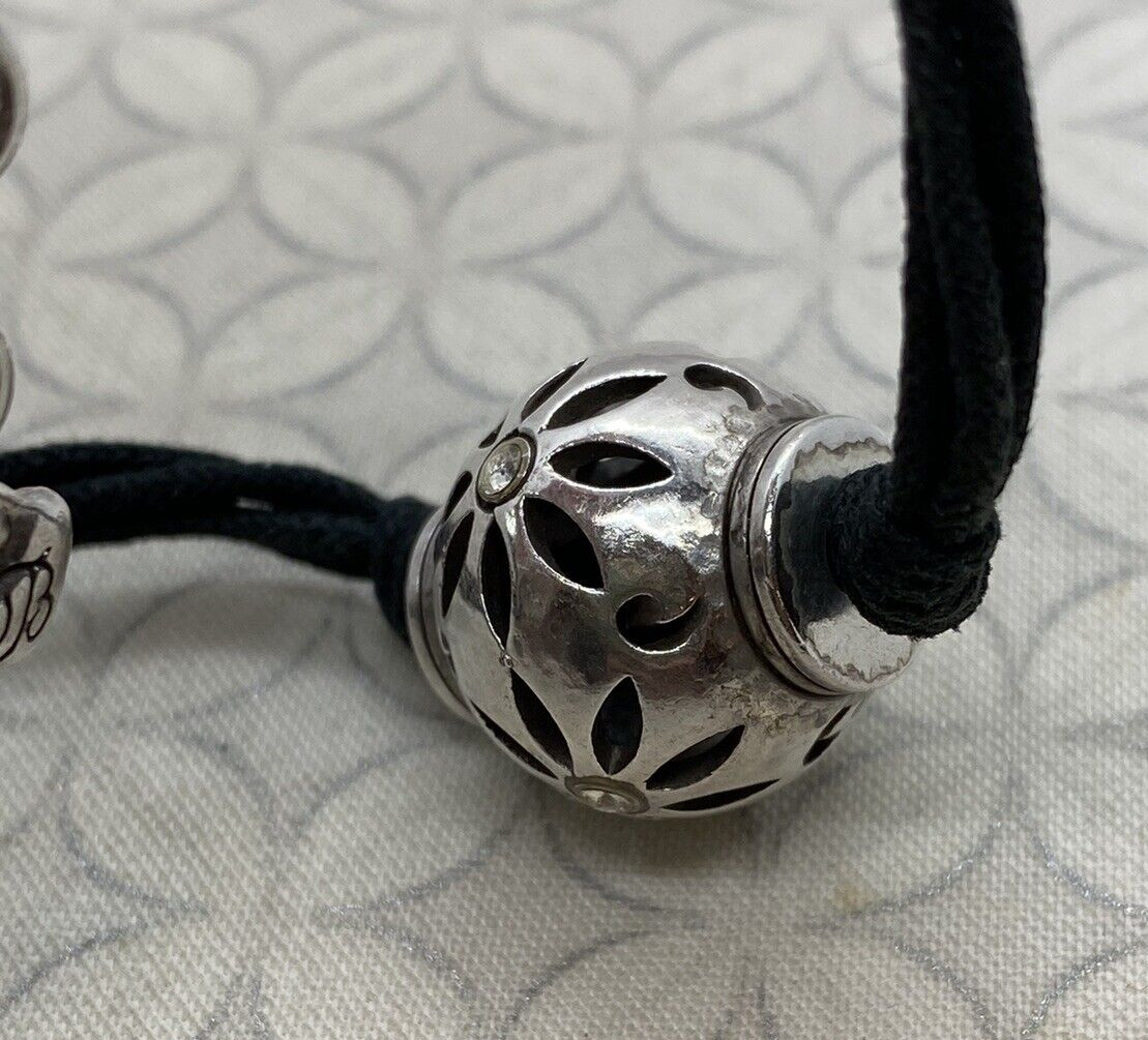 Brighton Trade Winds Silver Tone Corded Black Bracelet Round Flower bead Used