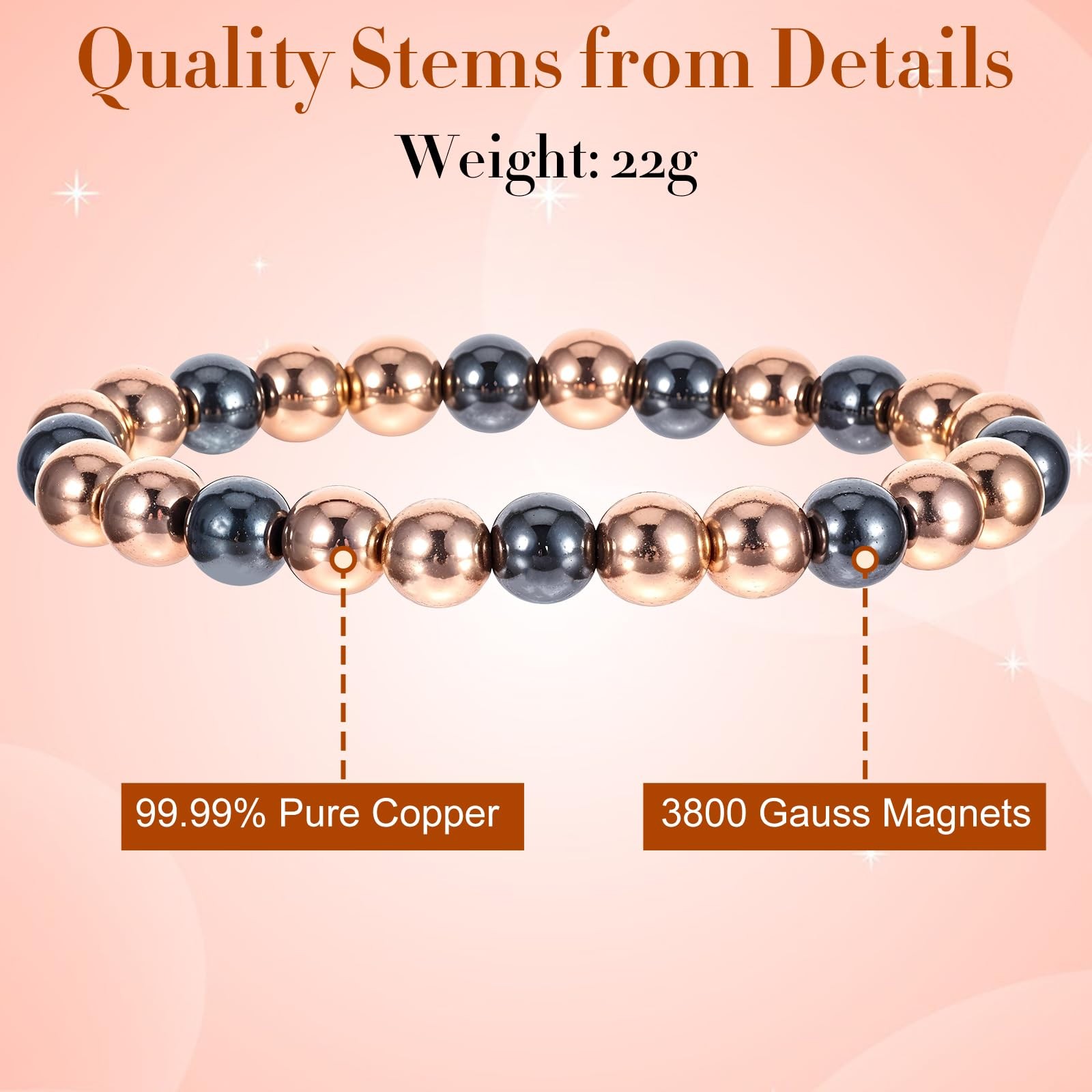Copper Bracelet for Women and Men Hematite Beaded Stretch Bracelet with Healing
