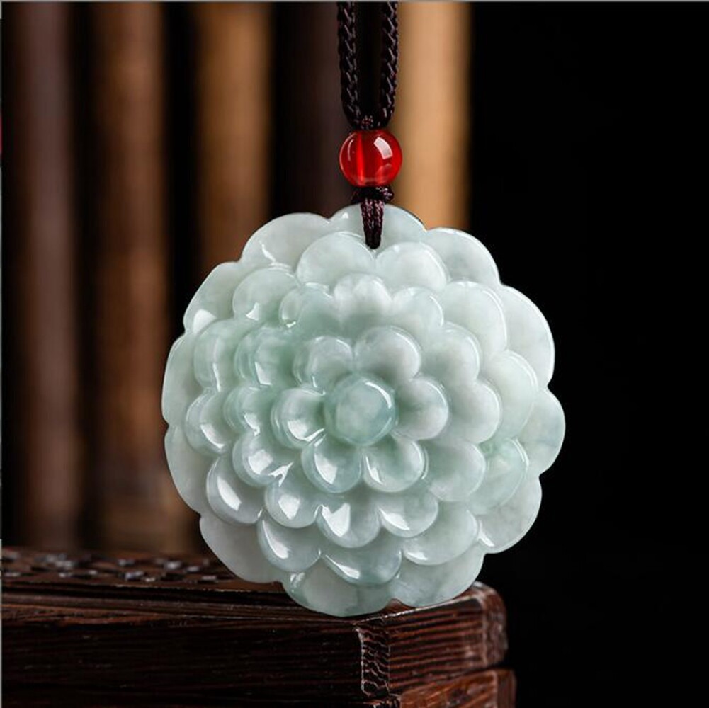 Certified Green Burma Natural Grade A Jade jadeite Peony Flower Pendant Necklace
