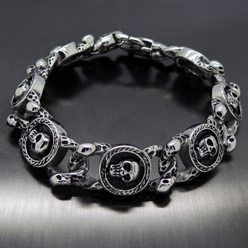 Stainless Steel Silver Black Skull Link Chain Gothic Men Bracelet 8.66″ 15.5mm