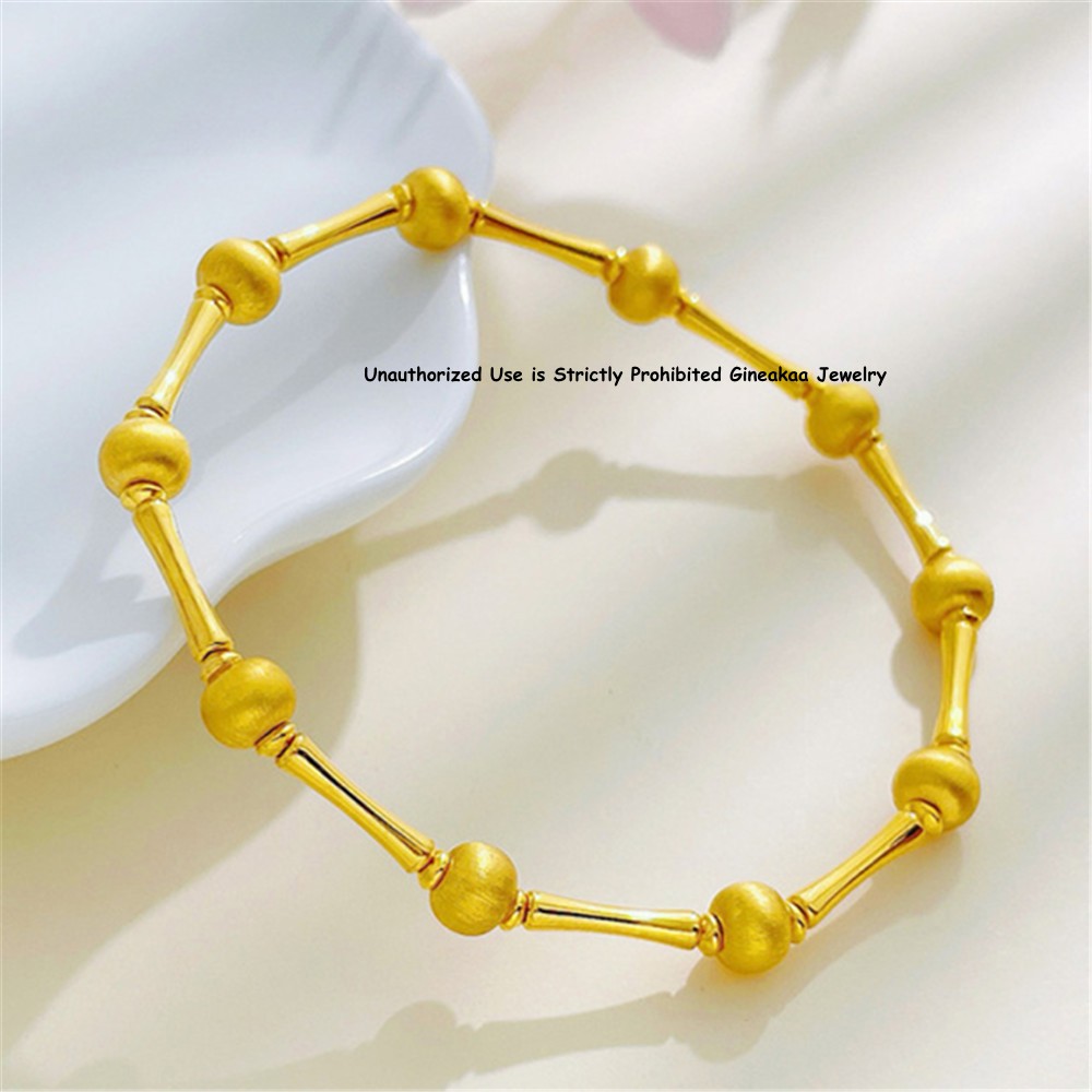 Pure 999 24K Yellow Gold 3D 4.9mm Laser Beads Bamboo Link Bracelet 5.1g 6.3inch