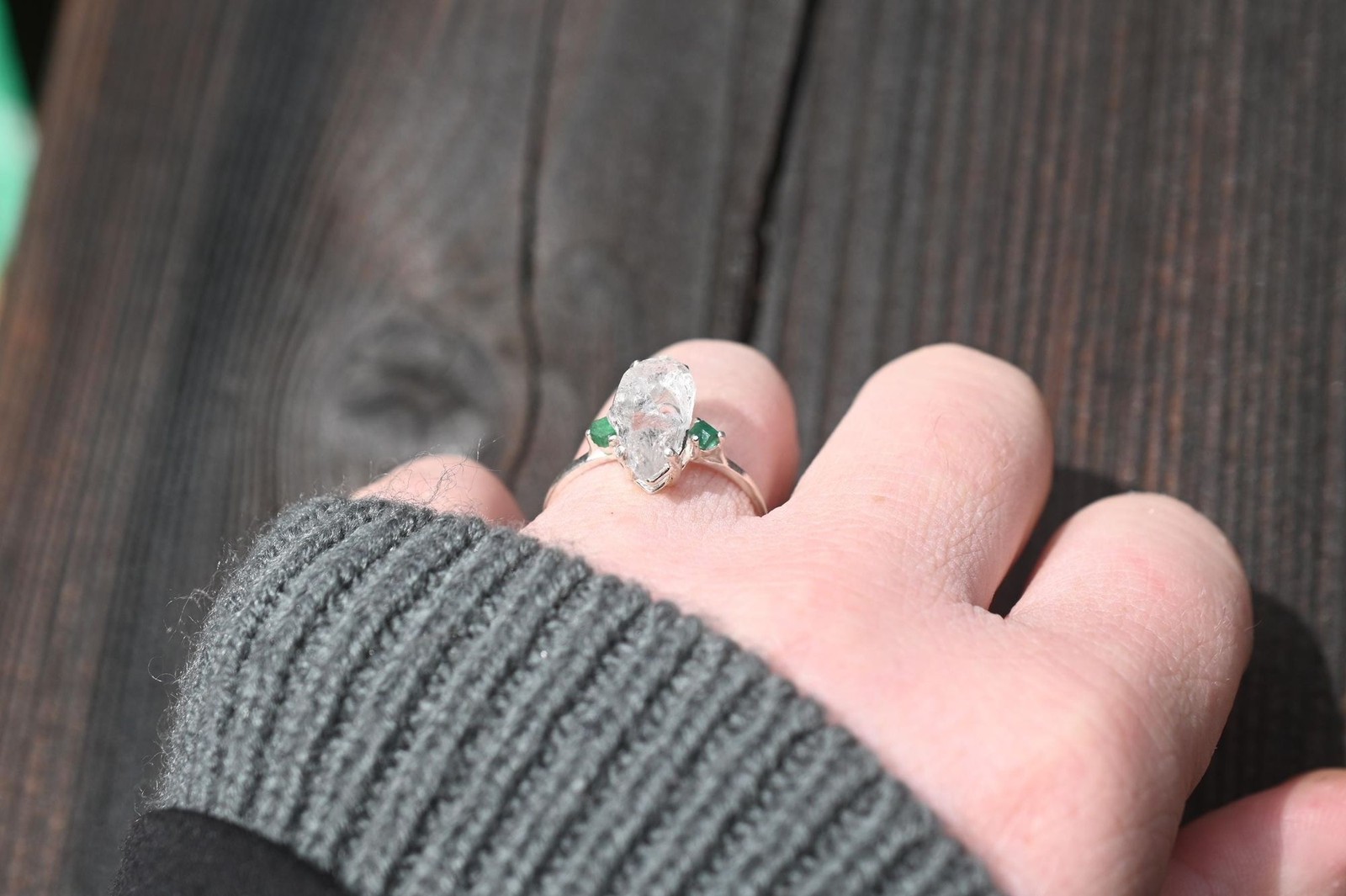 Engagement ring Emerald and Lake County diamond sterling silver size 3 4 5 6 7