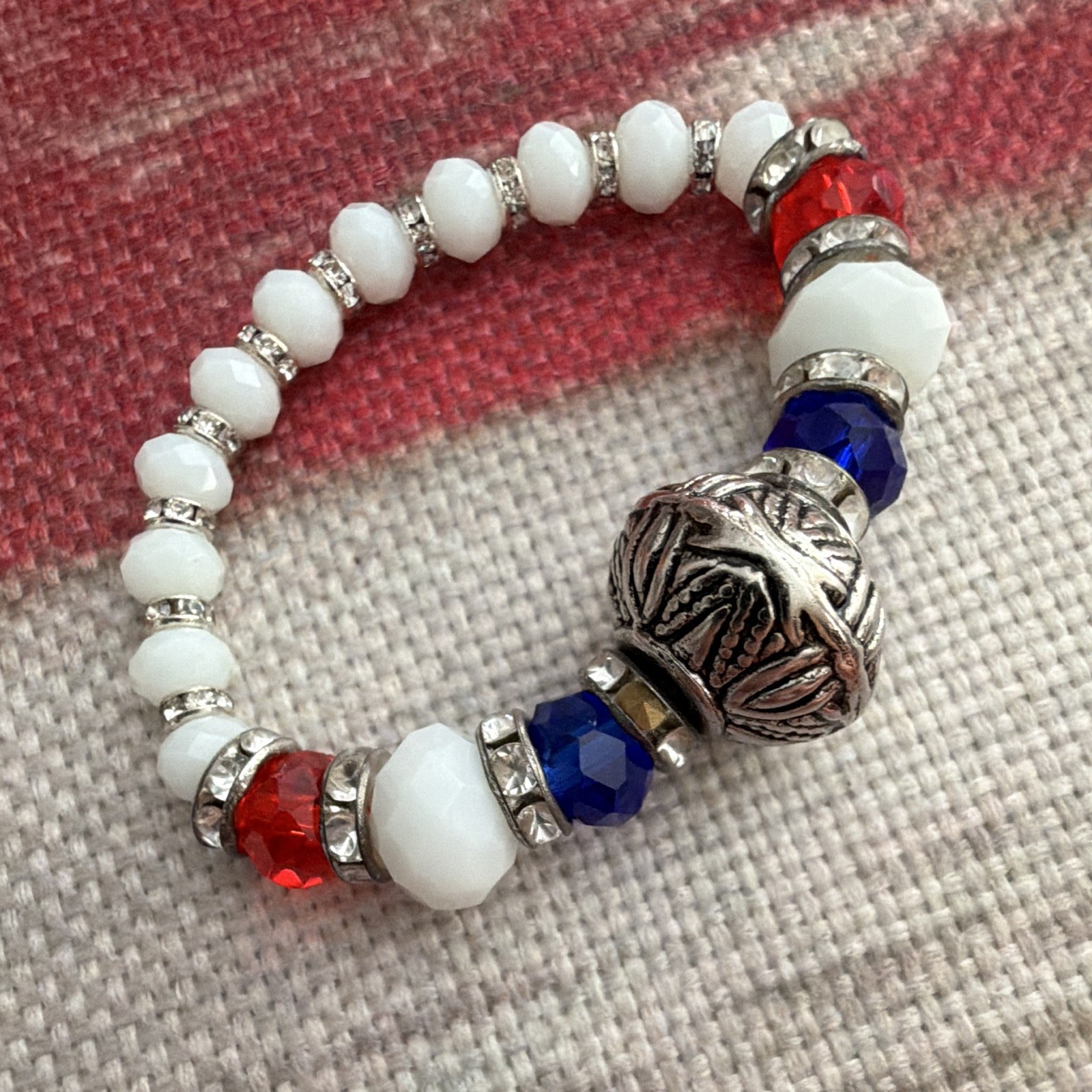 Child’s Red White & Blue Glass Beaded Stretch Bracelet w/ Silver Tone Charm Bead