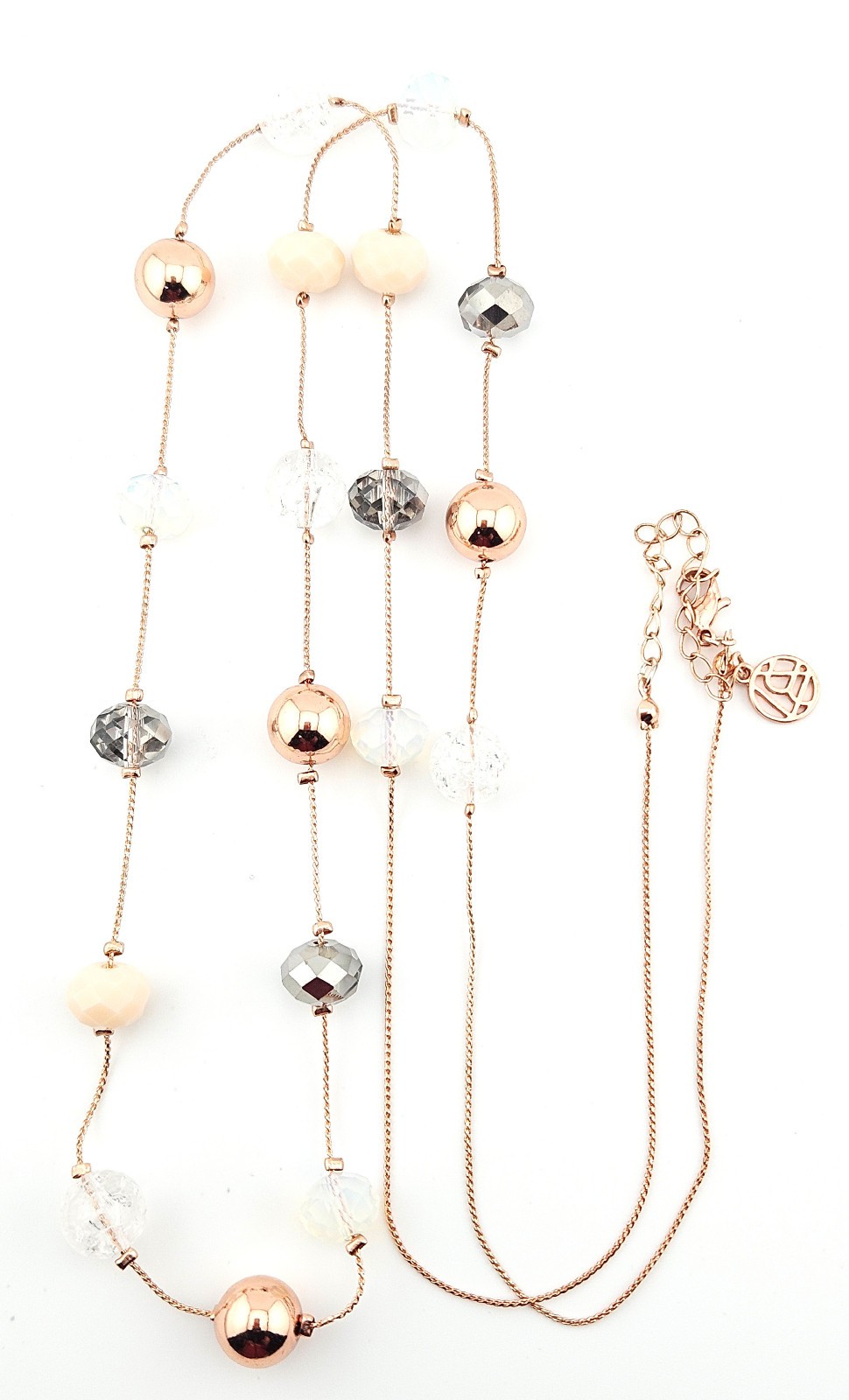 Rose Gold Tone Long Beaded Necklace Pink White Silver Beads J16-3778