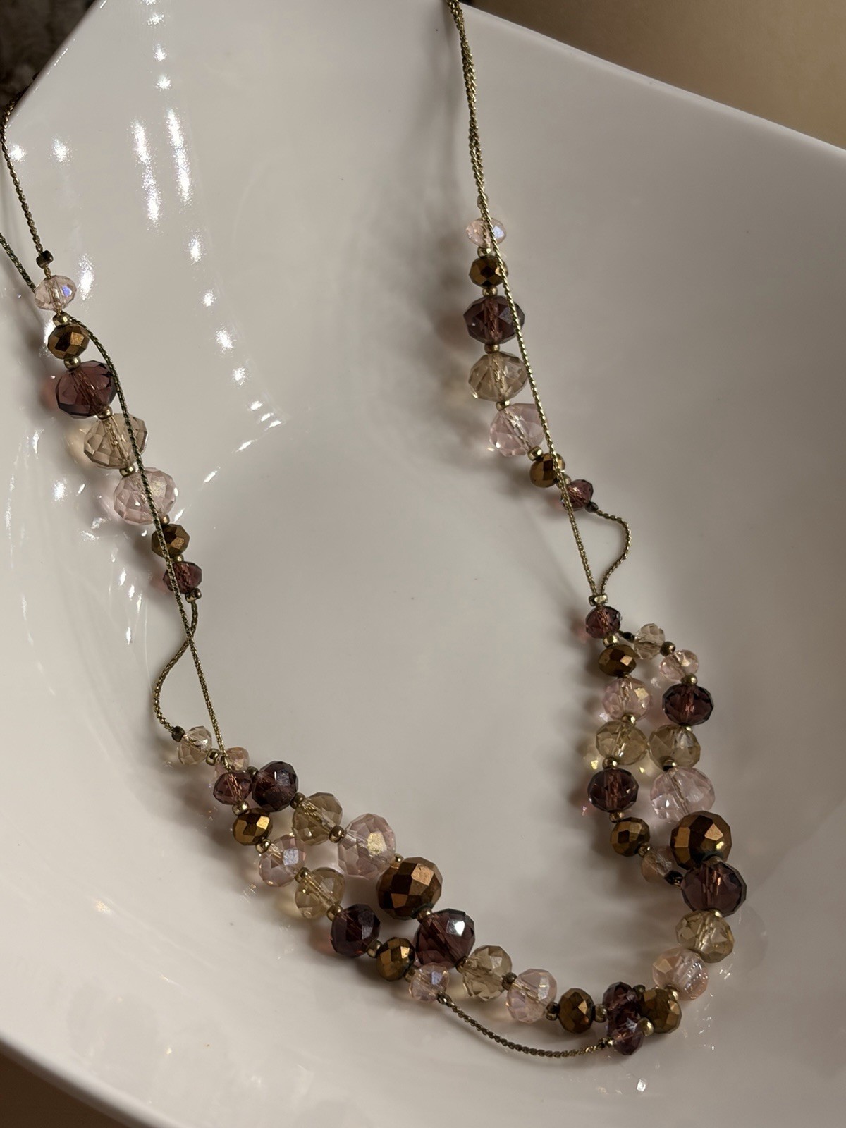 Swarovski Crystal Bead Necklace Amethyst Champagne Bronze Tones 35”