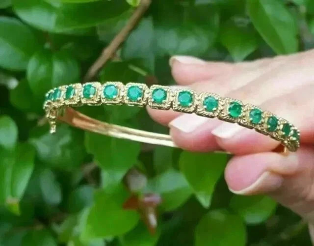 Natural Emerald 4.00Ct Round Cut Tennis Bangle Bracelet, 14K Yellow Gold Plated