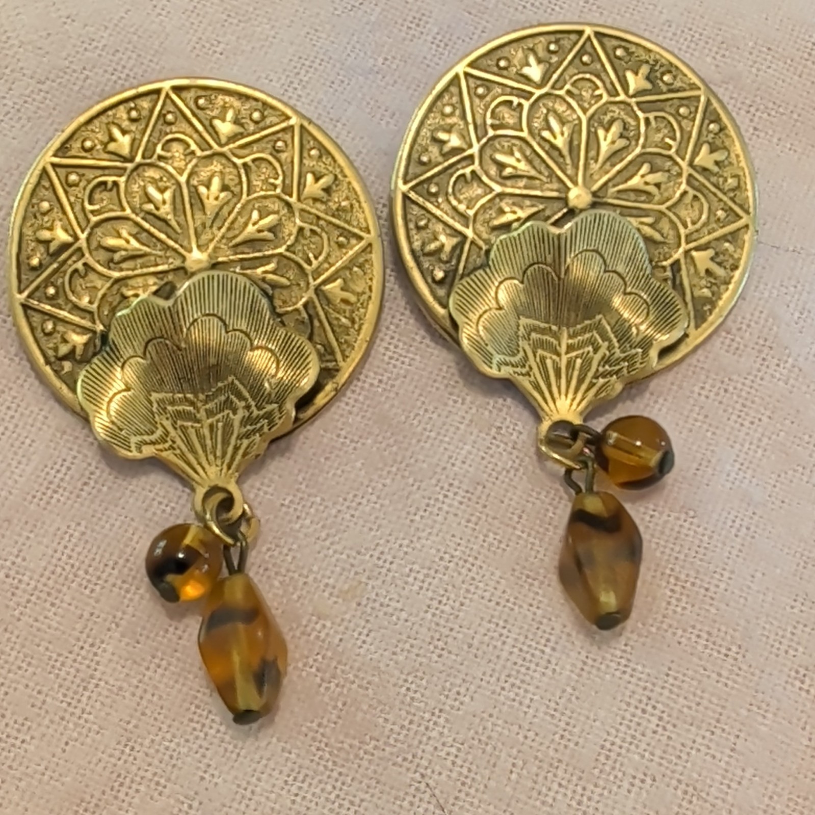 Brass Statement, Dual Layer, Geometric And Botanical, W/ Dangling Tiger Eye