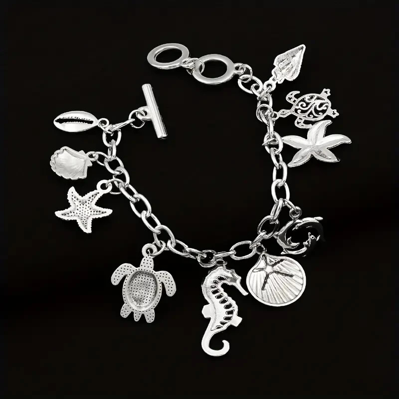 925 Sterling Silver Dolphin Starfish Sea Turtle Sea Horse Beads 7.5″ Bracelet