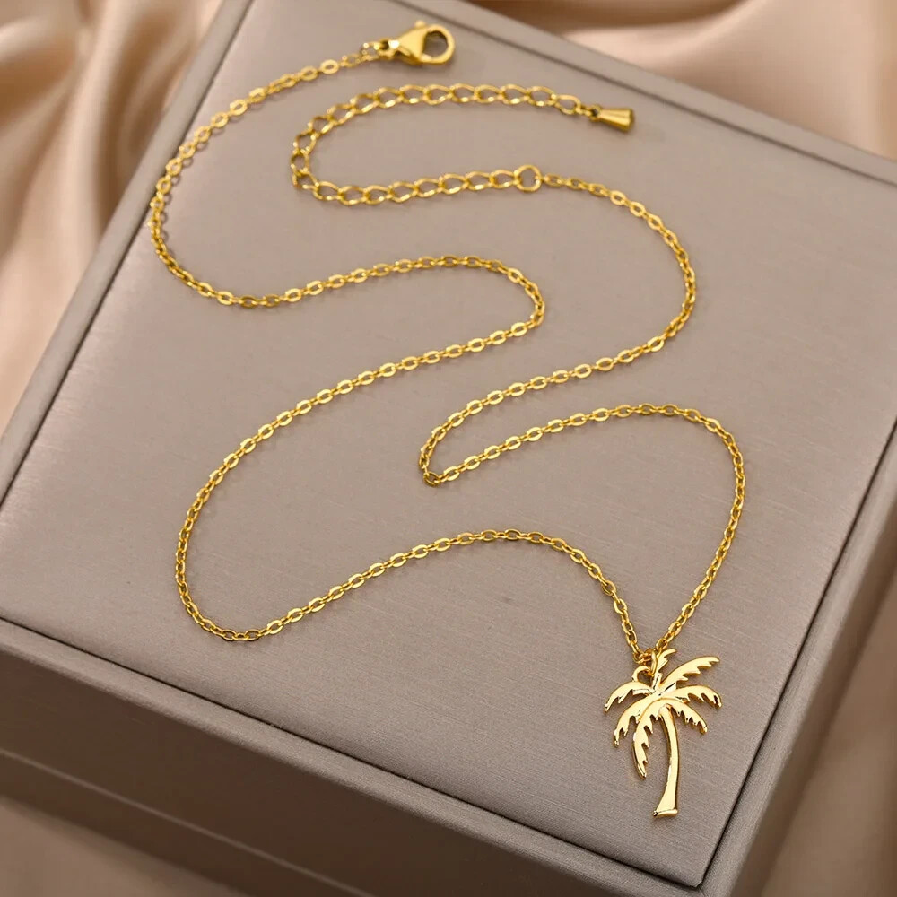 Gold Palm Tree Pendant Necklace Stainless Steel Coconut Tree, Beach Tropical