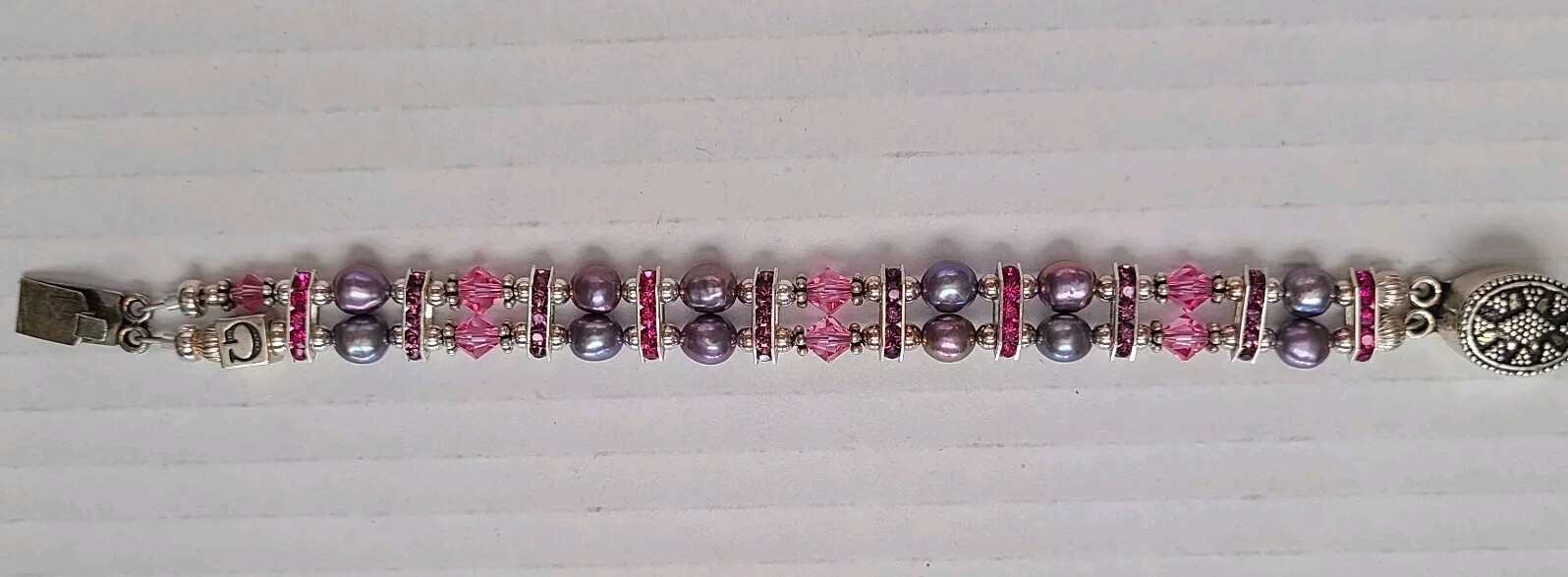Pink Purple Amethyst Swarovski Crystal Silver Bracelet Stretch G Initial 6 in