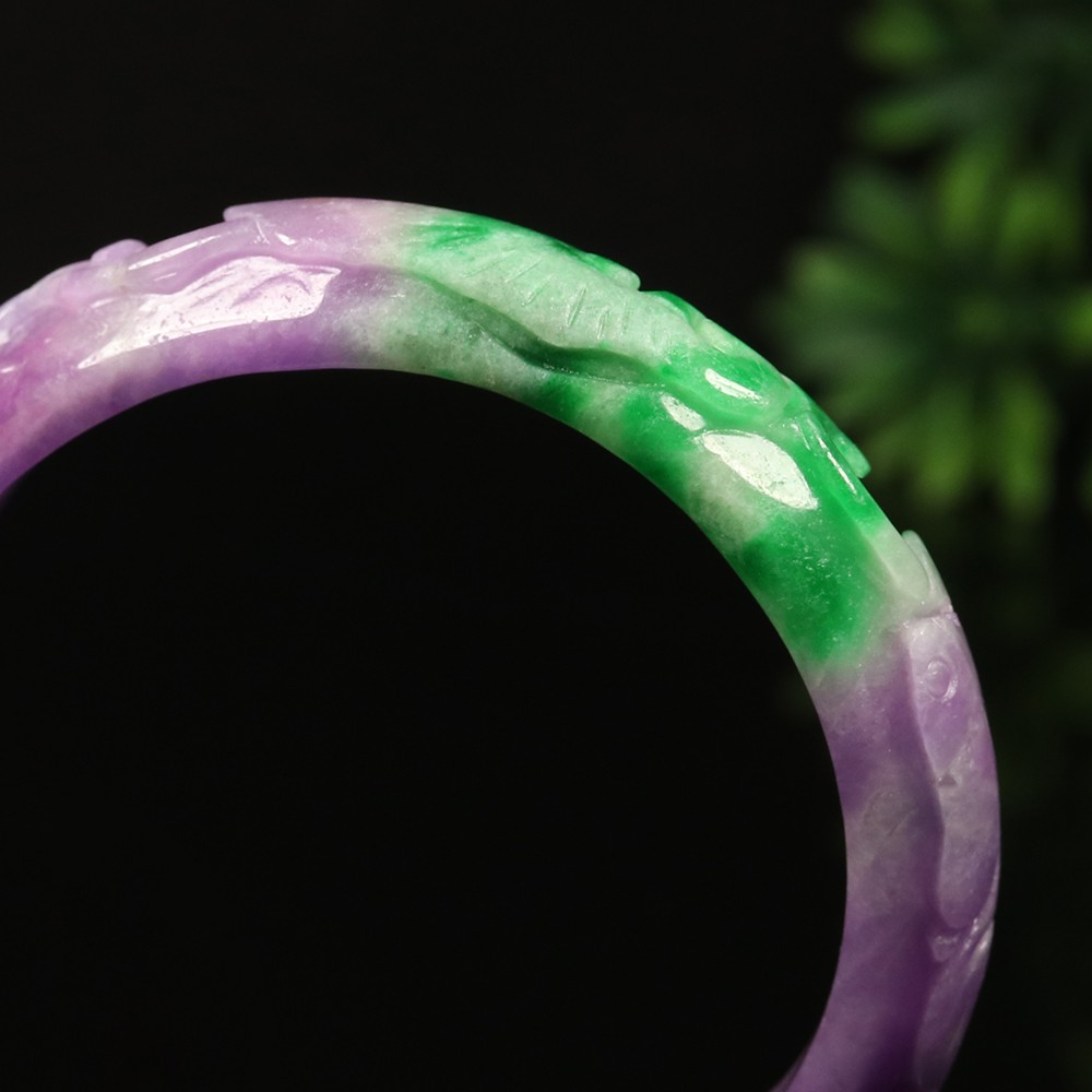 59mm Lavender Purple Green Jadeite Jade Bangle Bracelet Ruyi Rabbit A-14567