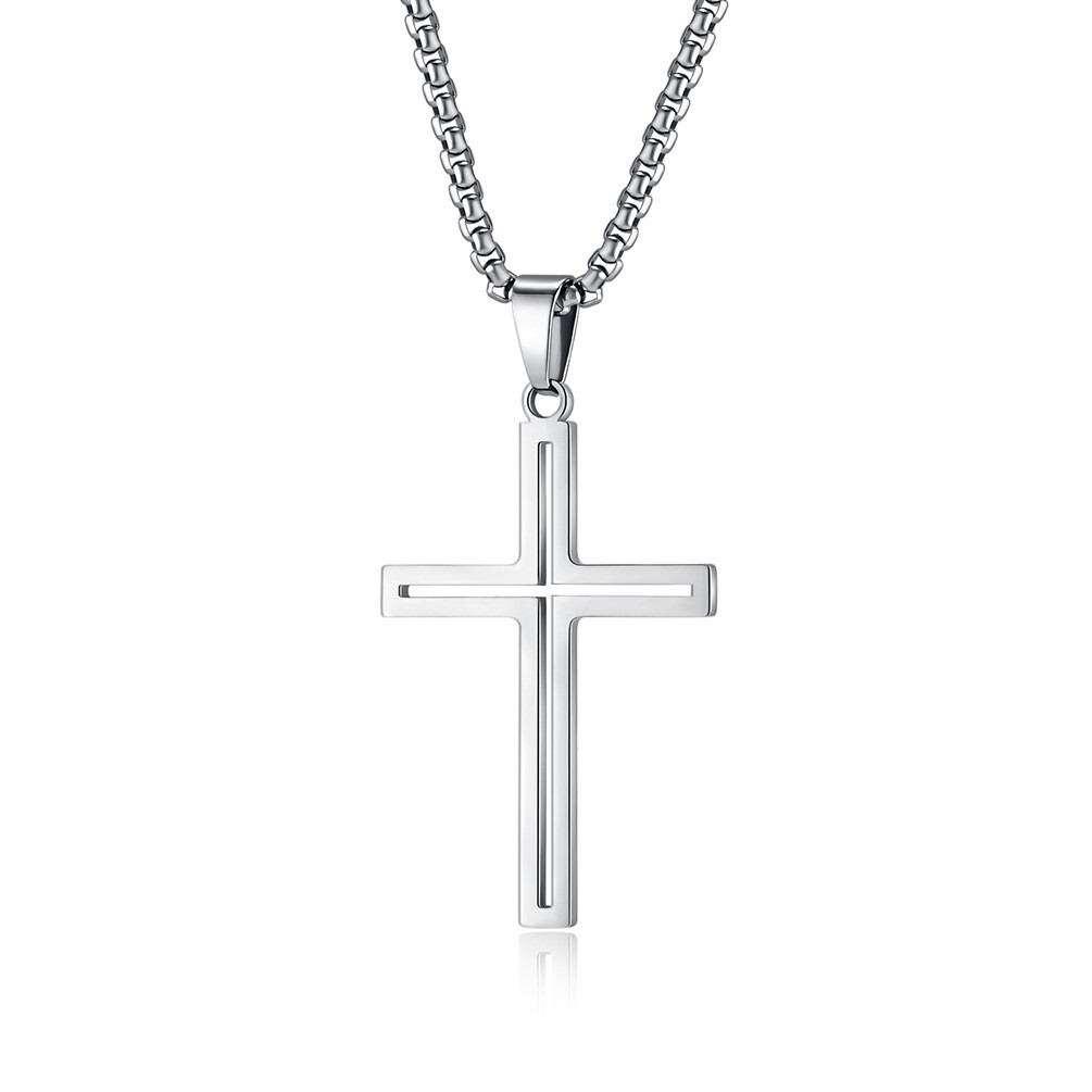 Men Women Simple Cross Necklace Stainless Steel Plain Pendant Box Chain Gift Boy