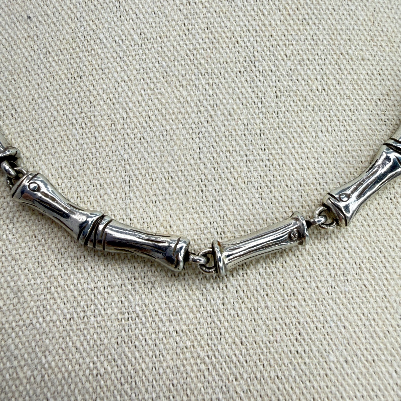 Vintage Bamboo Link Articulated Necklace Botanical Style Silver Tone