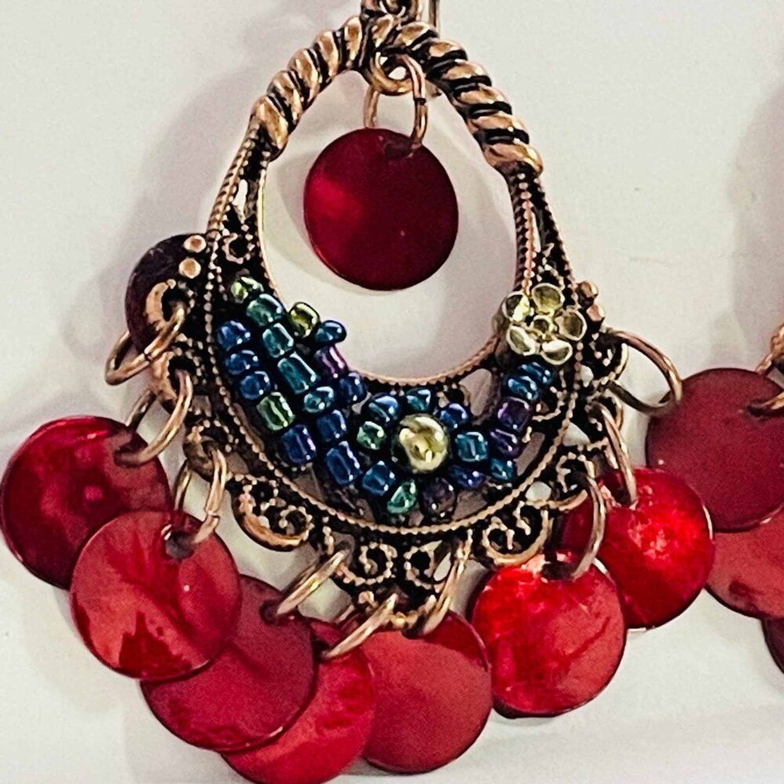 Boho Chandelier Dangle Earrings Red Shell Bead Gold Tone Festival Style