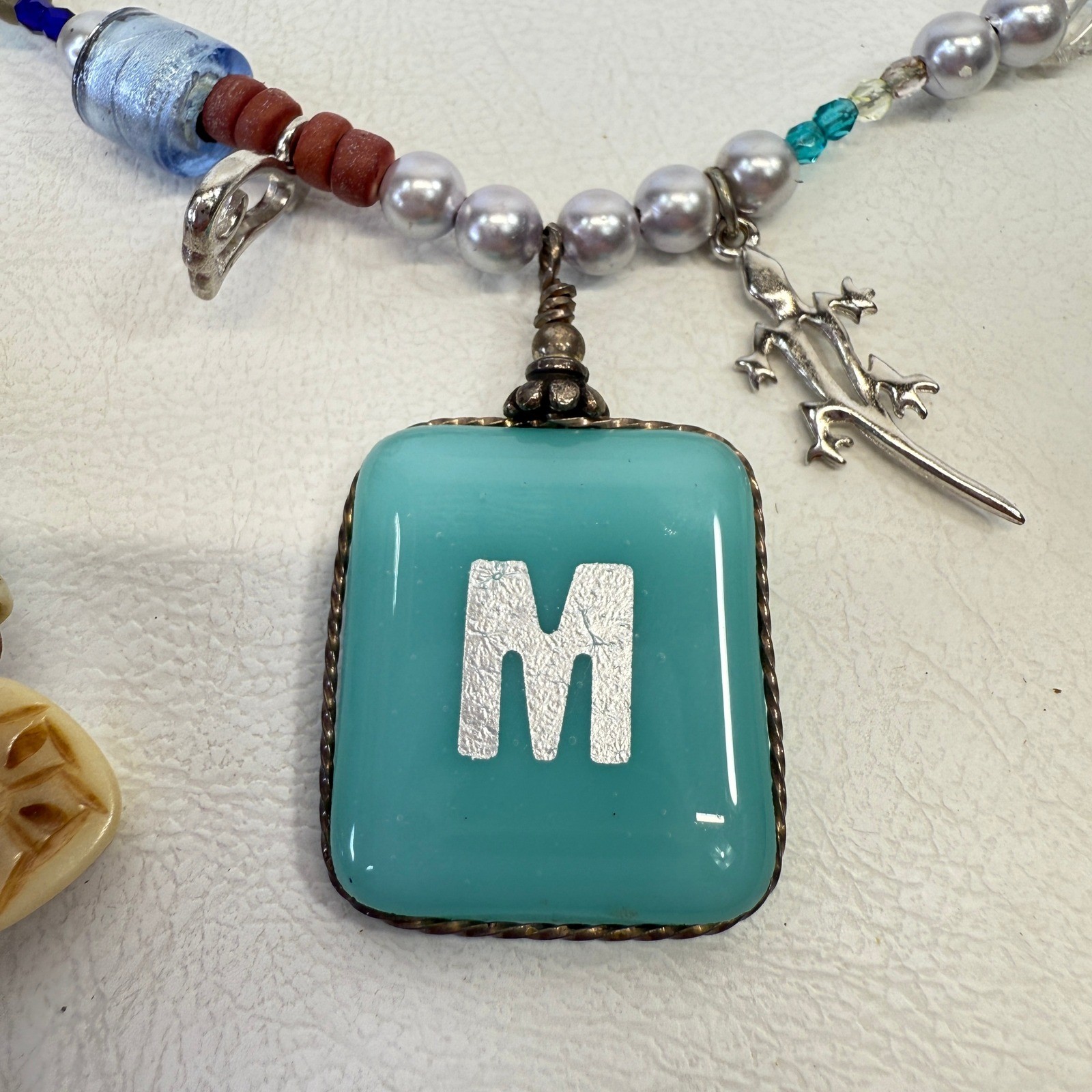 Beaded Necklace Bracelet Set Initial M Charm Lizard Boho Sterling Silver