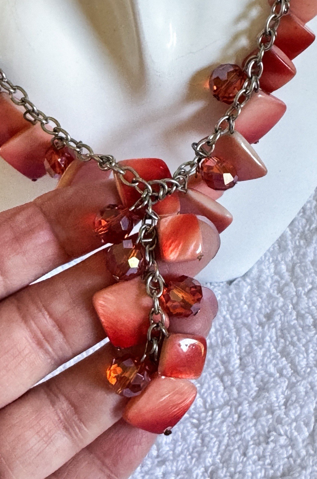 Red Y Drop Necklace Square Red Lucite Beads Silver Toned Chain Croft n Barrow