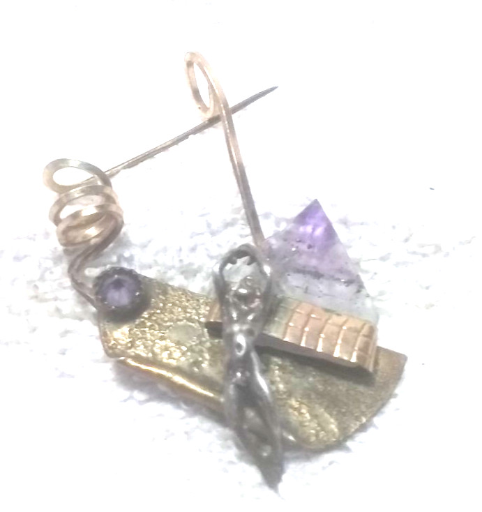 Hand Made Pin Broch Metal Glass Stone Brass Person Standing Arms Up Rare Find