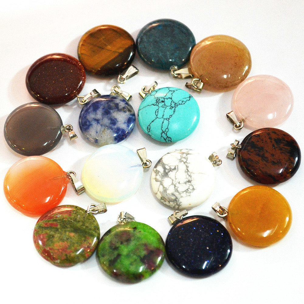 30pcs Fashion Natural Round Gemstone Stone Silver Beads Pendant Charms Wholesale