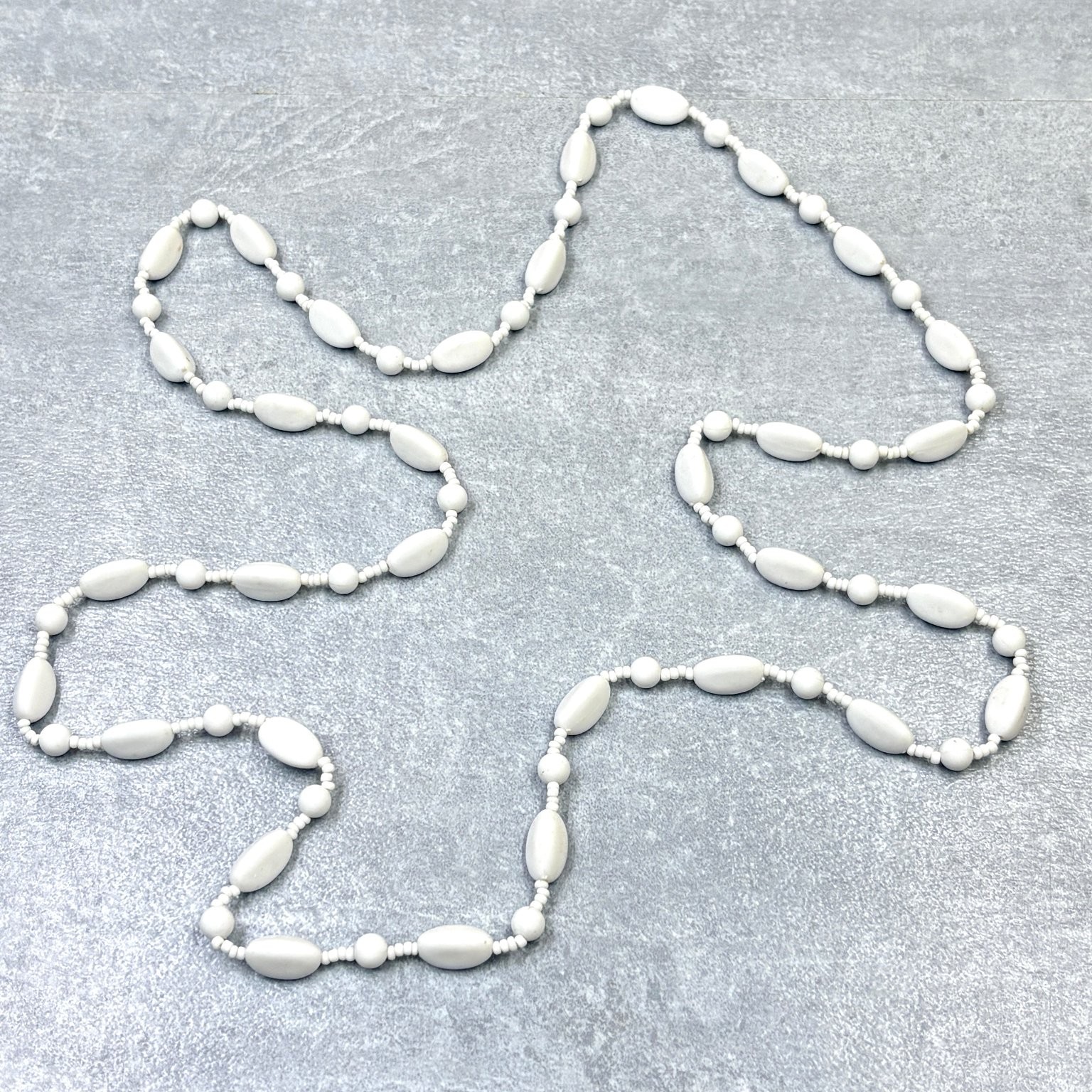 White 48″ Opera Length Beaded Necklace Plastic Resin Endless Loop