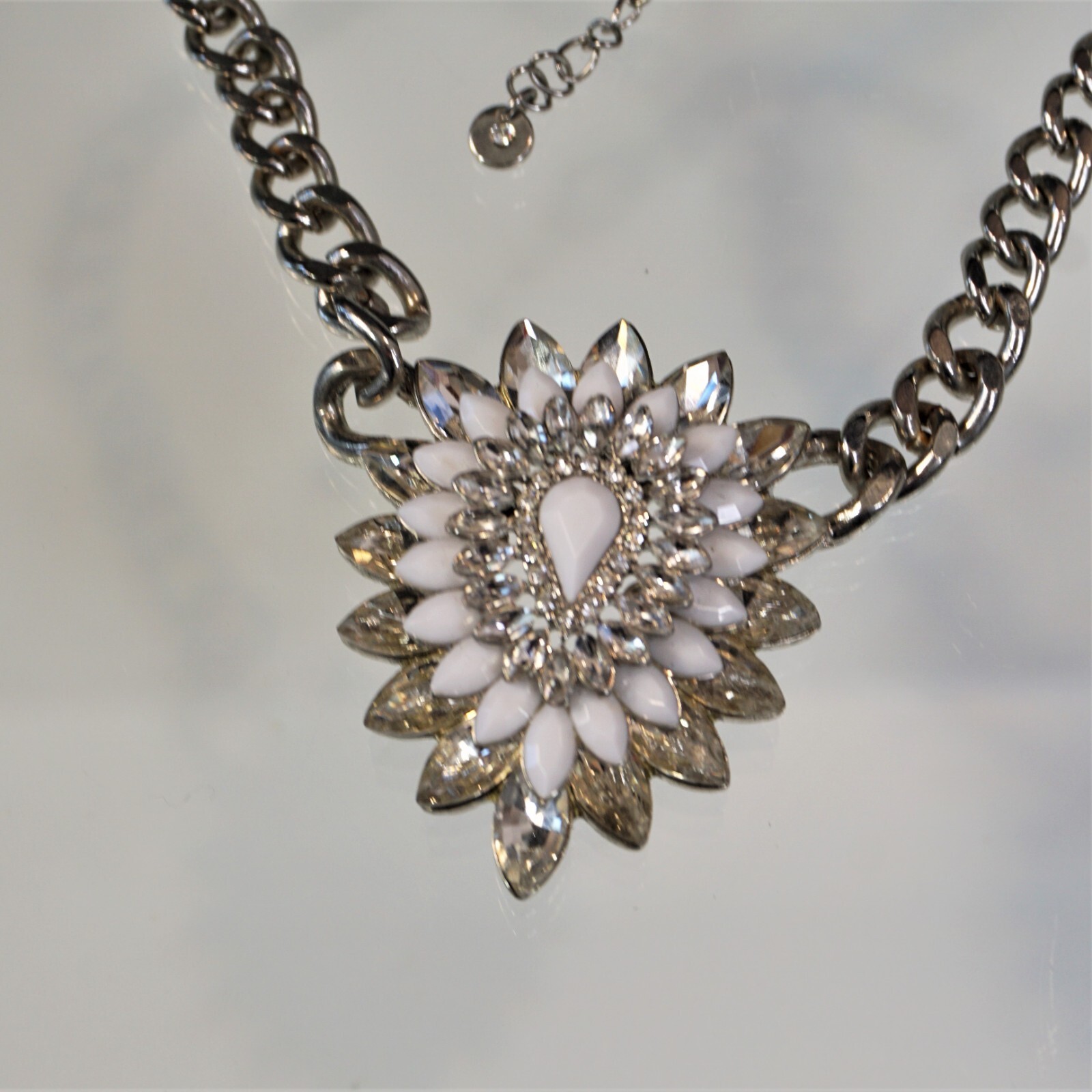 Jeweled Floral Statement Necklace Sparkling Pendant Silvertone Chain