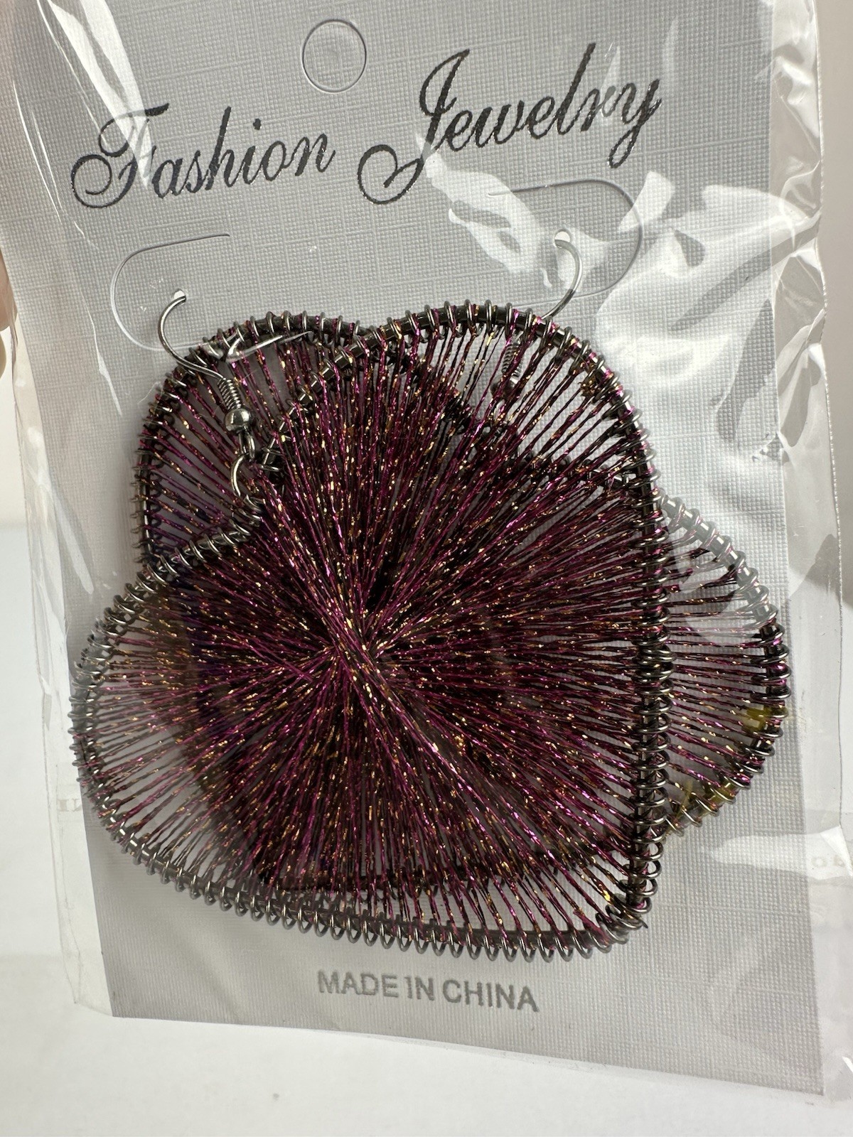 NWT Large Heart Woven Thread Dangle Earrings Purple Metallic Statement