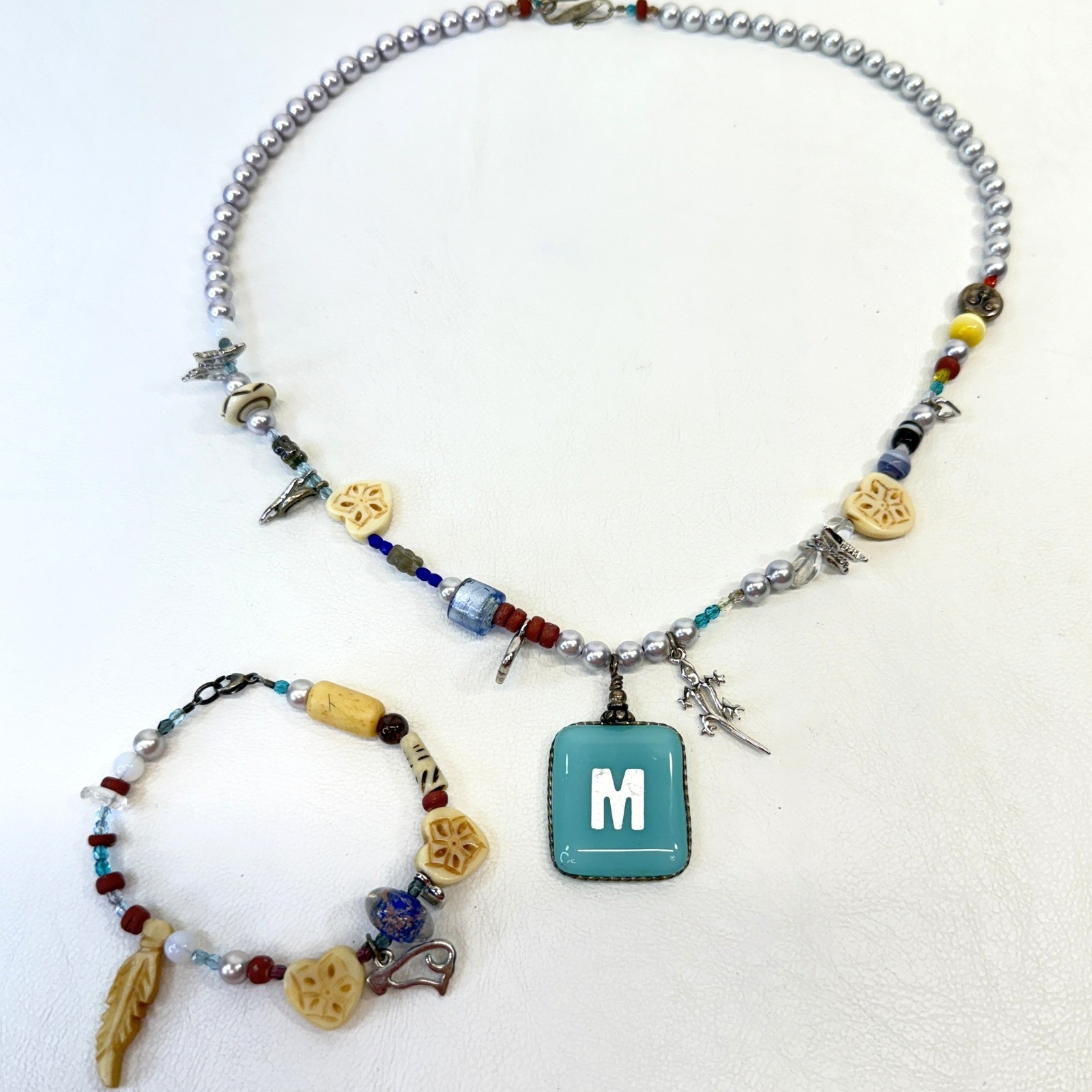 Beaded Necklace Bracelet Set Initial M Charm Lizard Boho Sterling Silver