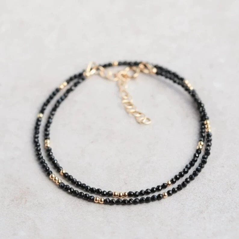 A++ Black Spinal Faceted Round Gemstone Gold Filled Beads Handmade Necklace 24”