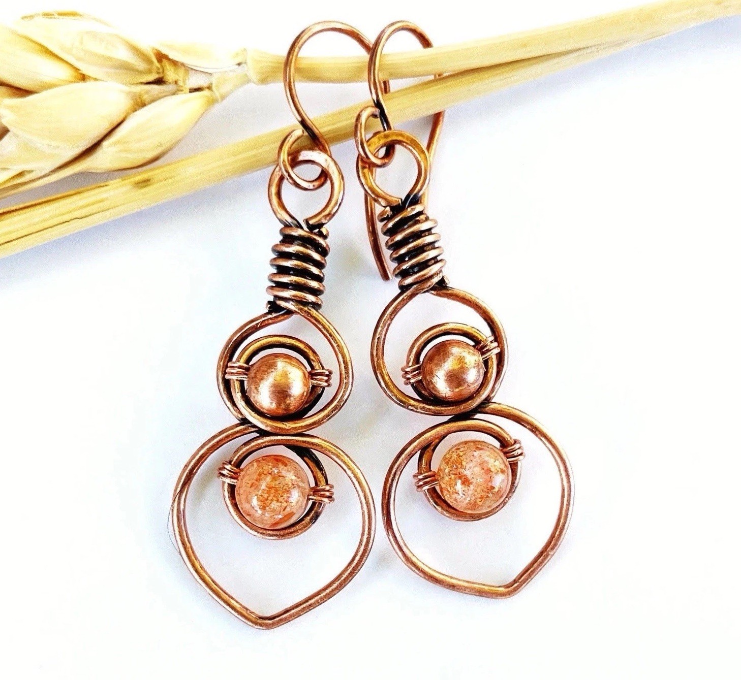 Crystal Wire Wrapped Dangle Earrings Copper Flower Petal Bohemian Nature