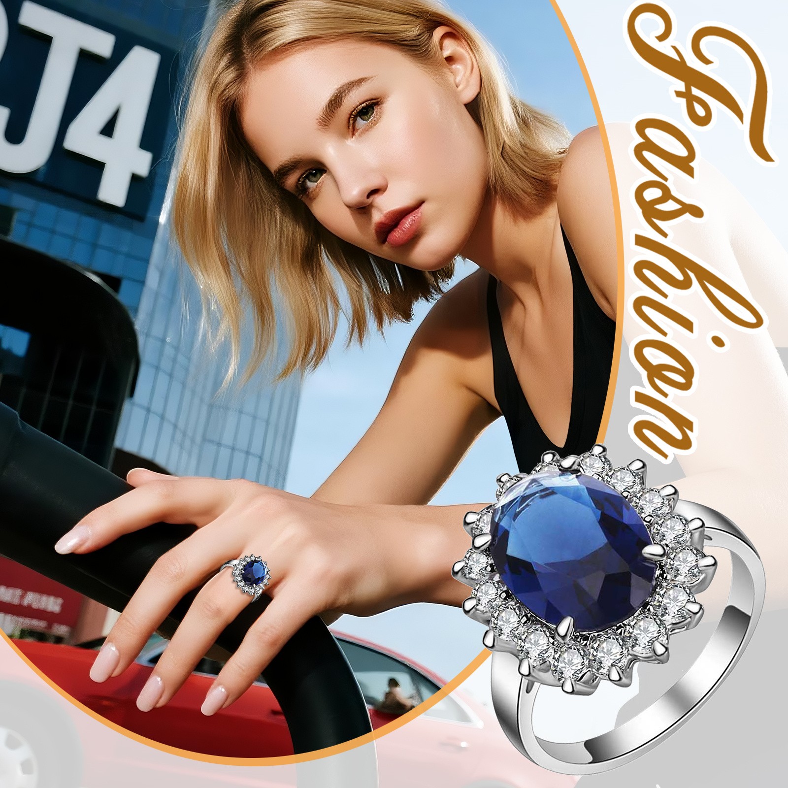 Women’s Cocktail Sapphire CZ Stainless Steel Ring Jewelry Valentine’s Day Gift