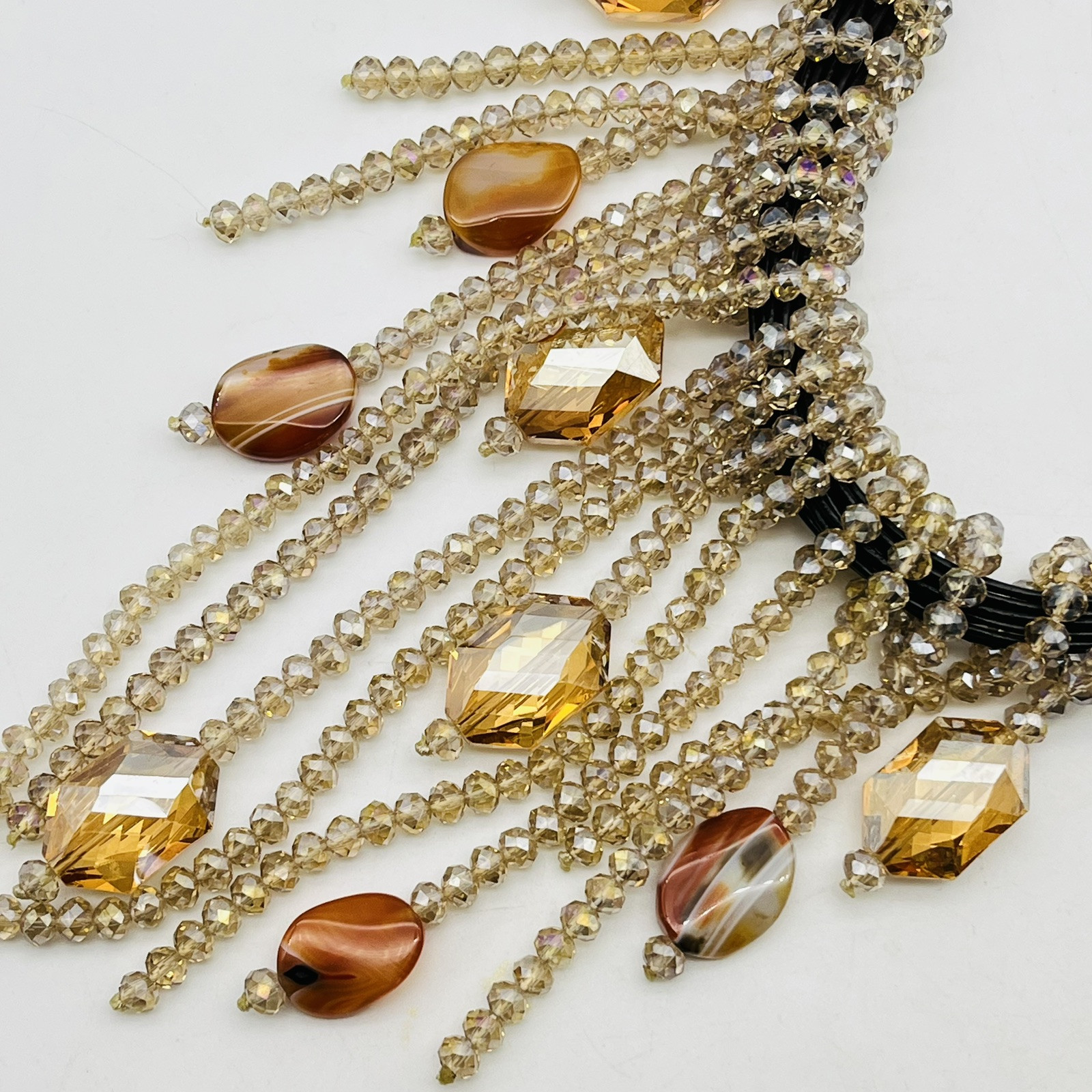Tassel Necklace Multi Strand Bead Fringe Statement Bib Champagne Crystal 14″