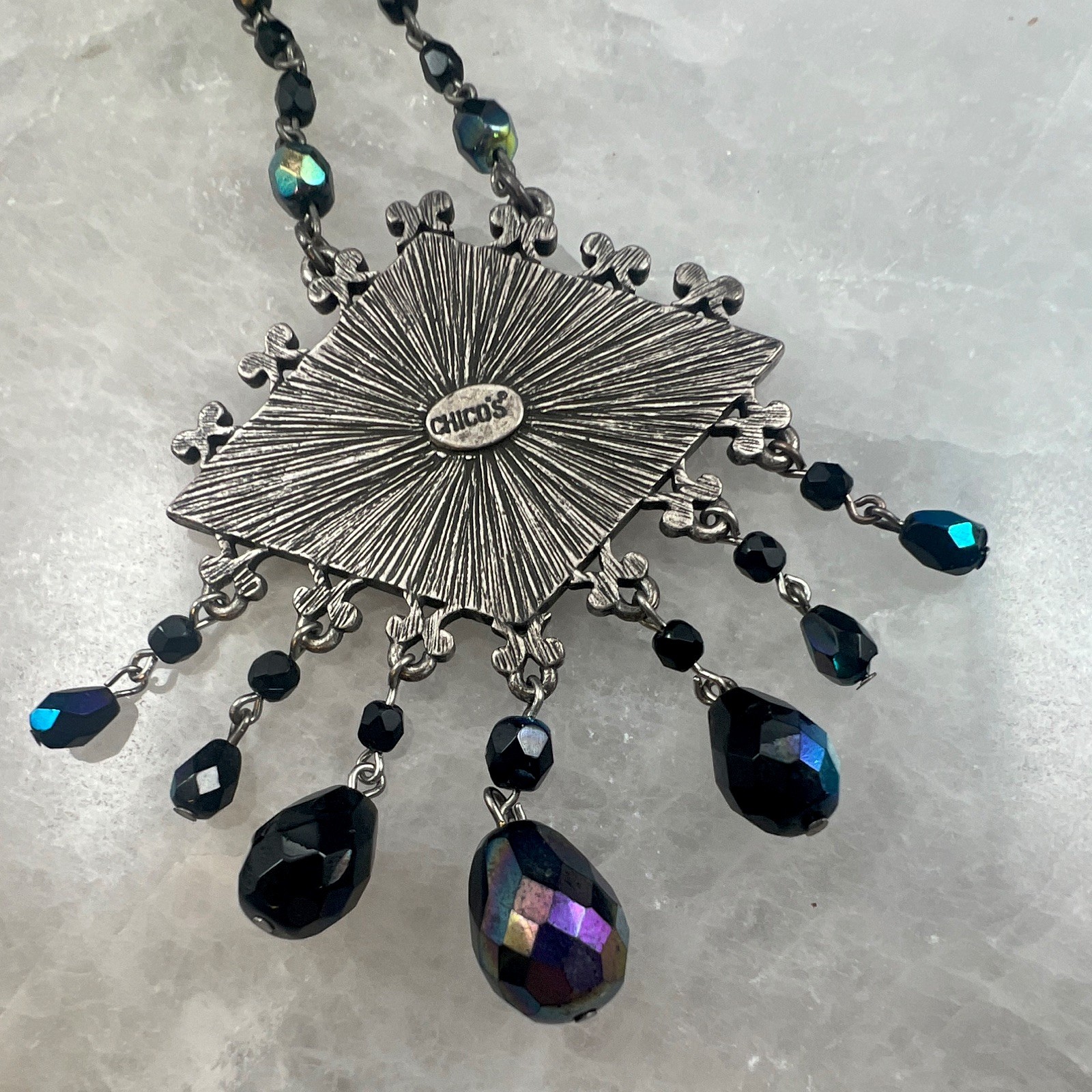 Chico’s Aurora Borealis Iridescent Beaded Multi-Strand Necklace Silver Tone