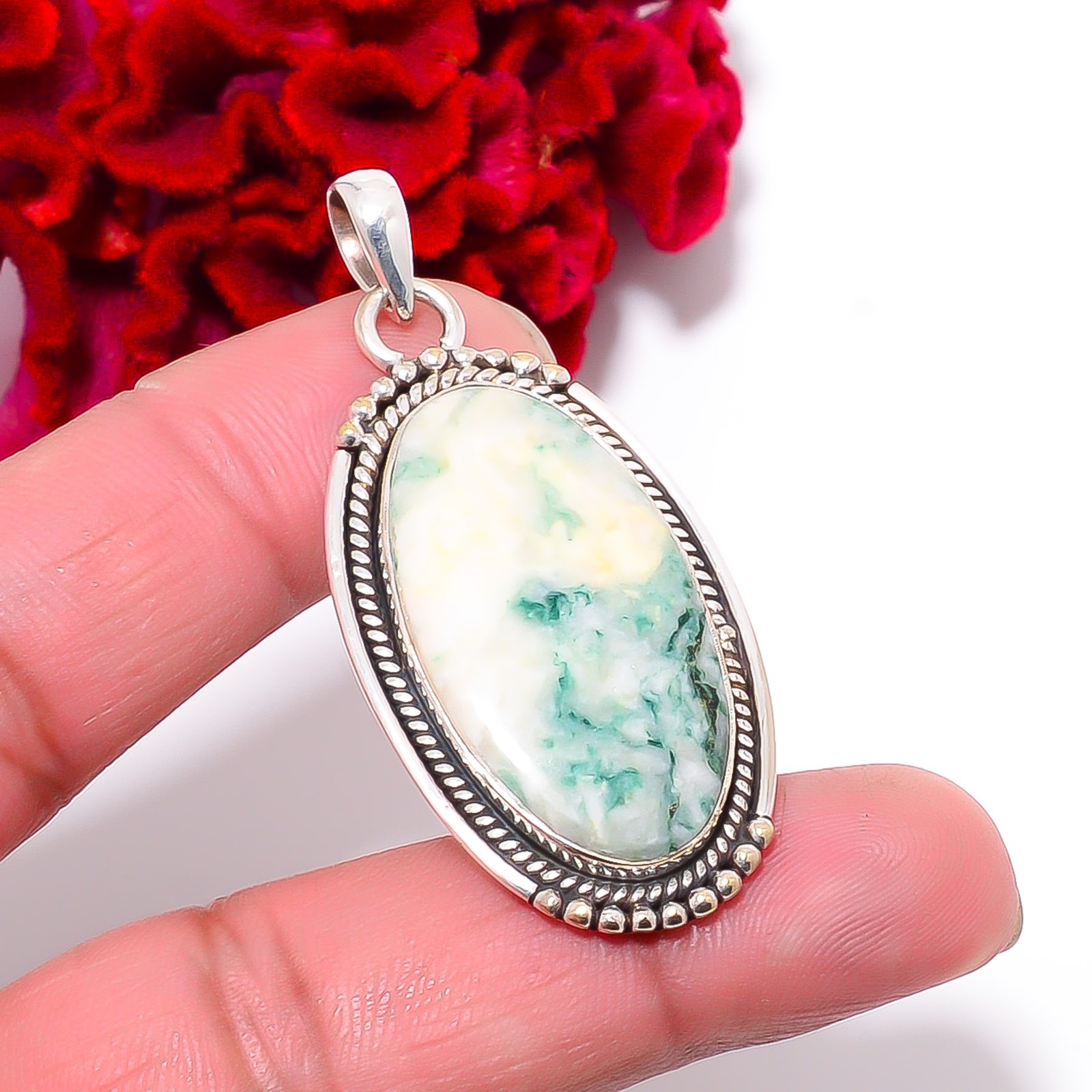 Moss Agate – India Designer Handmade 925 Sterling Silver Pendant 2.07″ P96673
