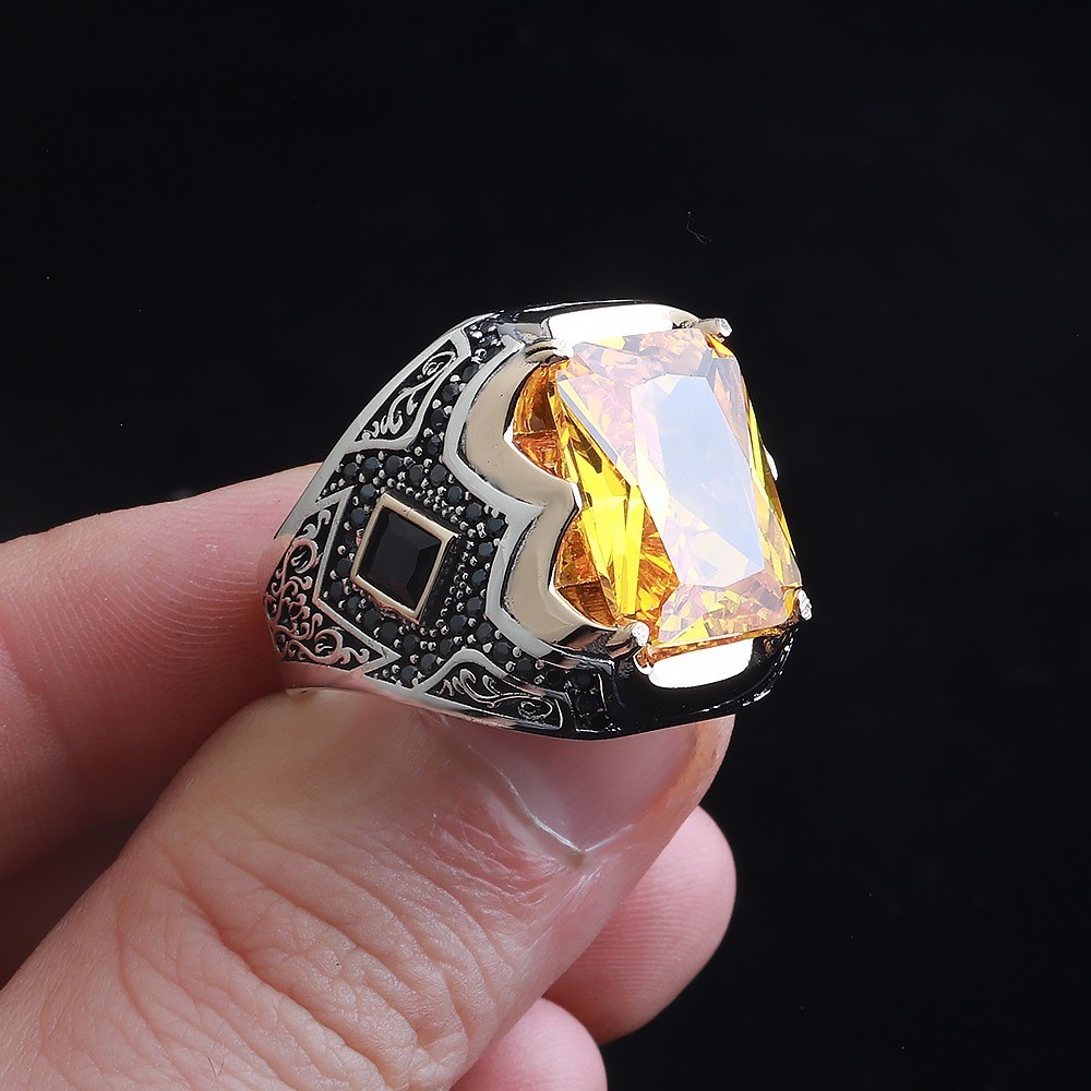 Simulated Orange Citrine Ring Turkish Handmade 925 Sterling Silver Men’s Ring 03